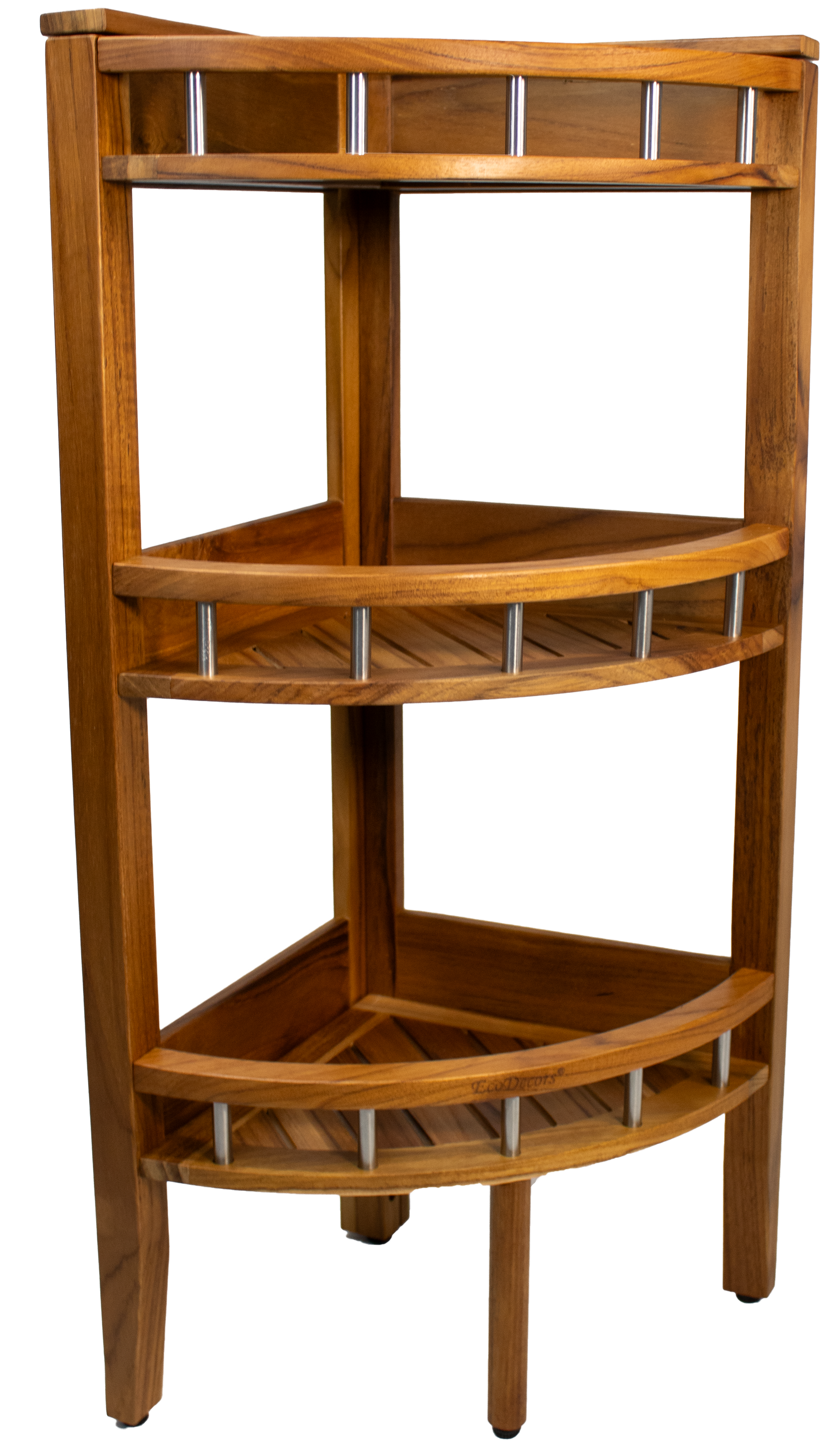 EcoDecors 27.5" Snazzy Teak Corner Shower Shelf – 3 Tier Corner Bathroom Storage Organizer with Stainless Steel Accents, Waterproof Teak Shower Caddy, Fully Assembled Spa Bath Shelf
