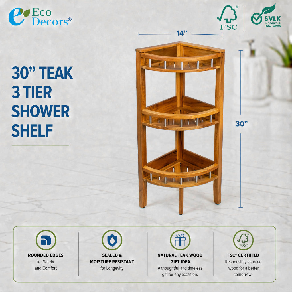EcoDecors 27.5" Snazzy Teak Corner Shower Shelf – 3 Tier Corner Bathroom Storage Organizer with Stainless Steel Accents, Waterproof Teak Shower Caddy, Fully Assembled Spa Bath Shelf