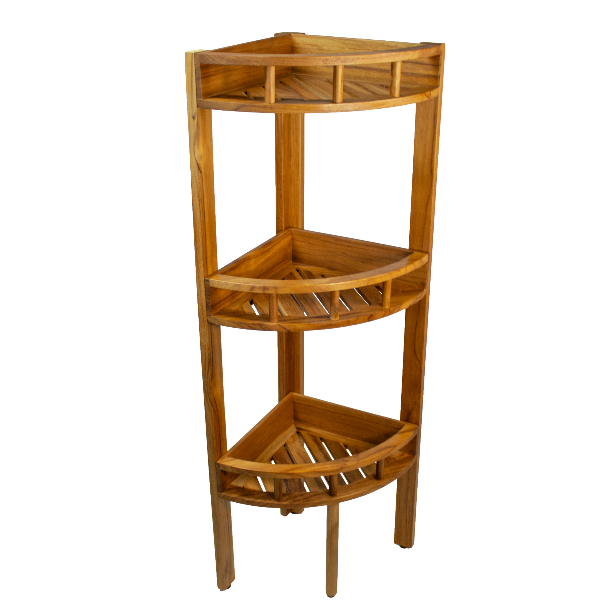 EcoDecors 35" Snazzy Corner Teak Shower Shelf – 3 Tier Waterproof Corner Shower Organizer with Protective Shelf Rails, Solid Teak Bathroom Storage Shelf, Freestanding Spa Corner Stand