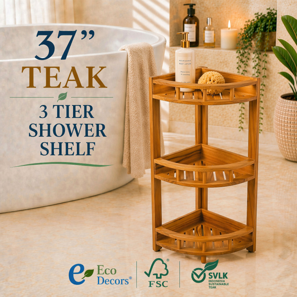 EcoDecors 35" Snazzy Corner Teak Shower Shelf – 3 Tier Waterproof Corner Shower Organizer with Protective Shelf Rails, Solid Teak Bathroom Storage Shelf, Freestanding Spa Corner Stand