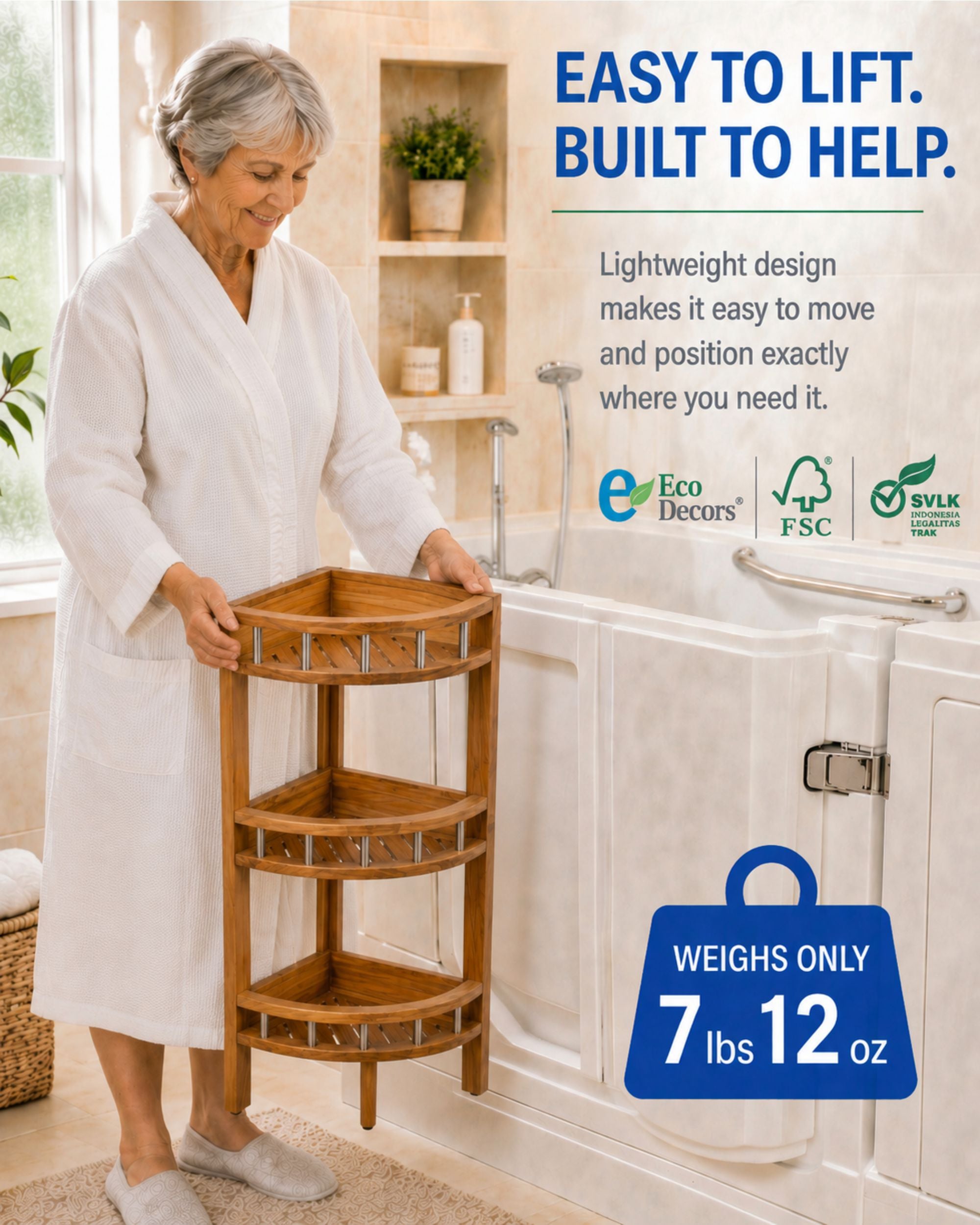 EcoDecors 35" Snazzy Corner Teak Shower Shelf – 3 Tier Waterproof Corner Shower Organizer with Protective Shelf Rails, Solid Teak Bathroom Storage Shelf, Freestanding Spa Corner Stand