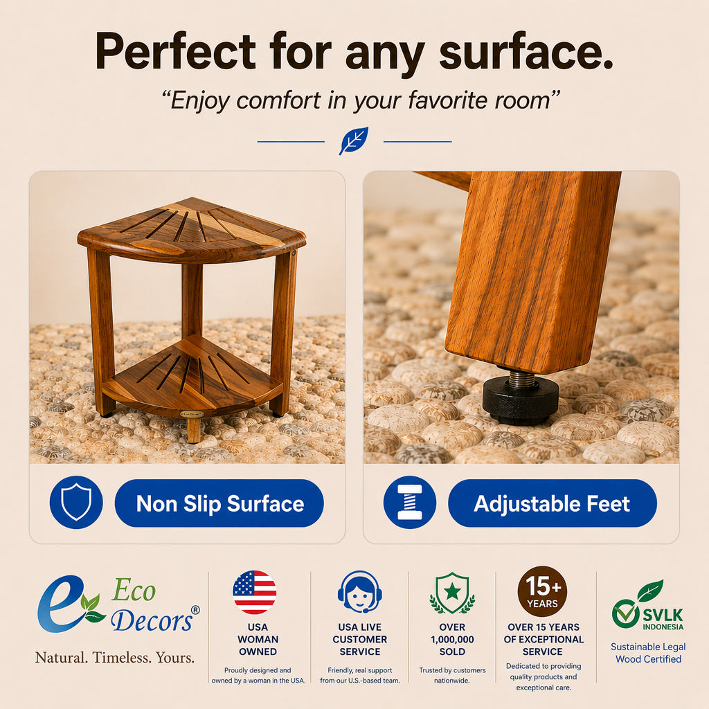 EcoDecors 18" Teak Corner Shower Bench with Shelf – Waterproof Teak Shower Seat for Inside Shower, Corner Bathroom Storage Shelf, Non-Slip Adjustable Feet, Solid Teak Wood Stool