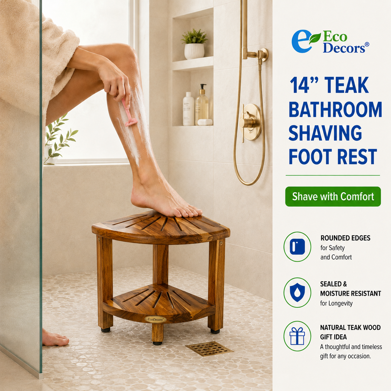 EcoDecors 18" Teak Corner Shower Bench with Shelf – Waterproof Teak Shower Seat for Inside Shower, Corner Bathroom Storage Shelf, Non-Slip Adjustable Feet, Solid Teak Wood Stool