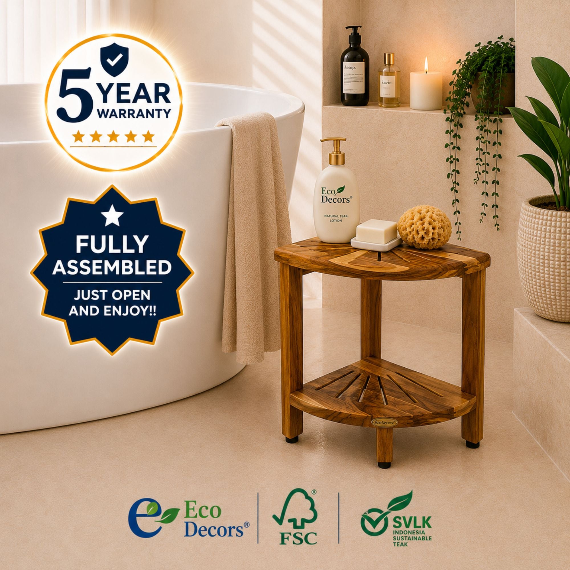 EcoDecors 18" Teak Corner Shower Bench with Shelf – Waterproof Teak Shower Seat for Inside Shower, Corner Bathroom Storage Shelf, Non-Slip Adjustable Feet, Solid Teak Wood Stool