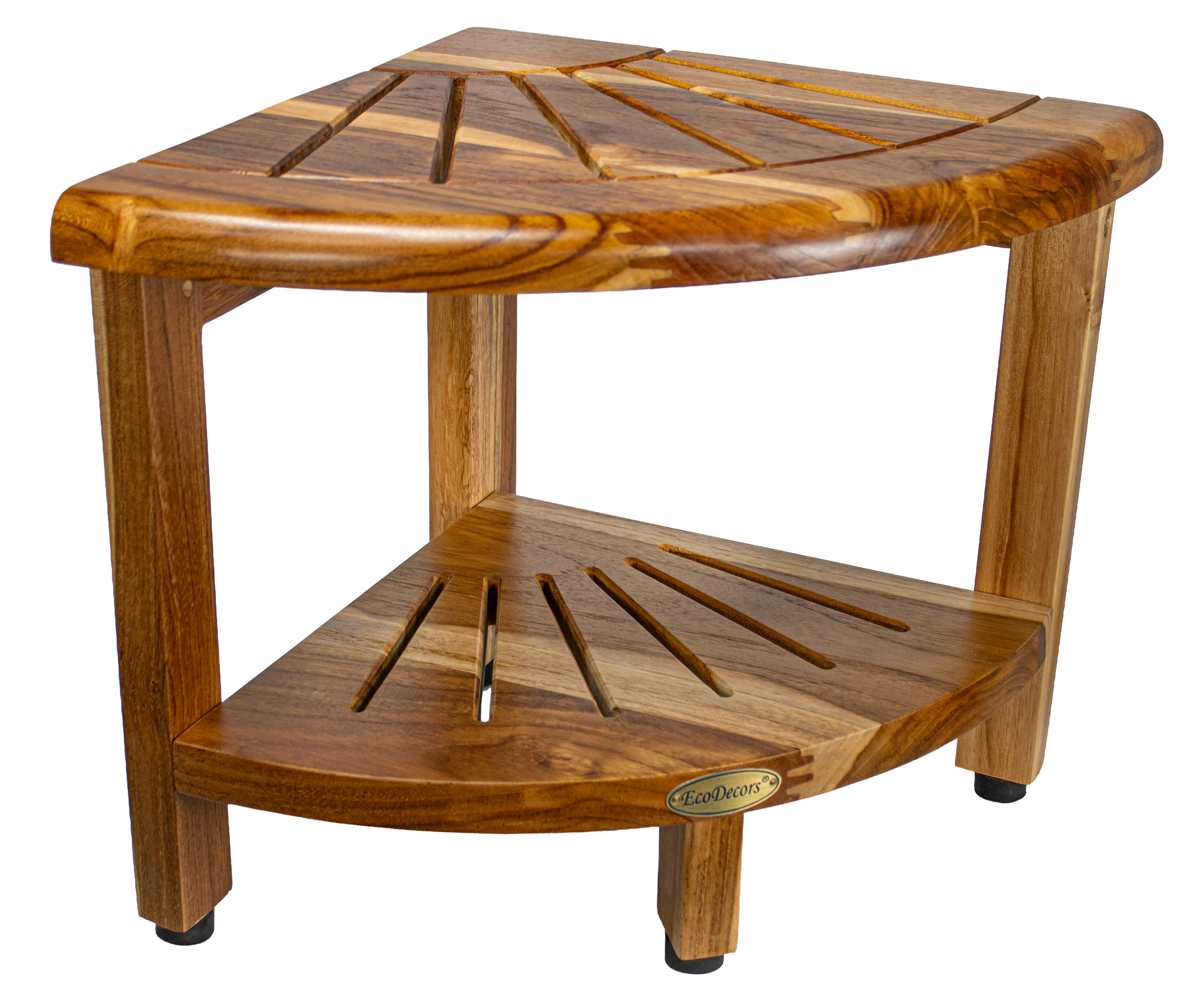 EcoDecors Teak Corner Shower Bench 13" with Shelf – Waterproof Bathroom Stool, Adjustable Non-Slip Feet