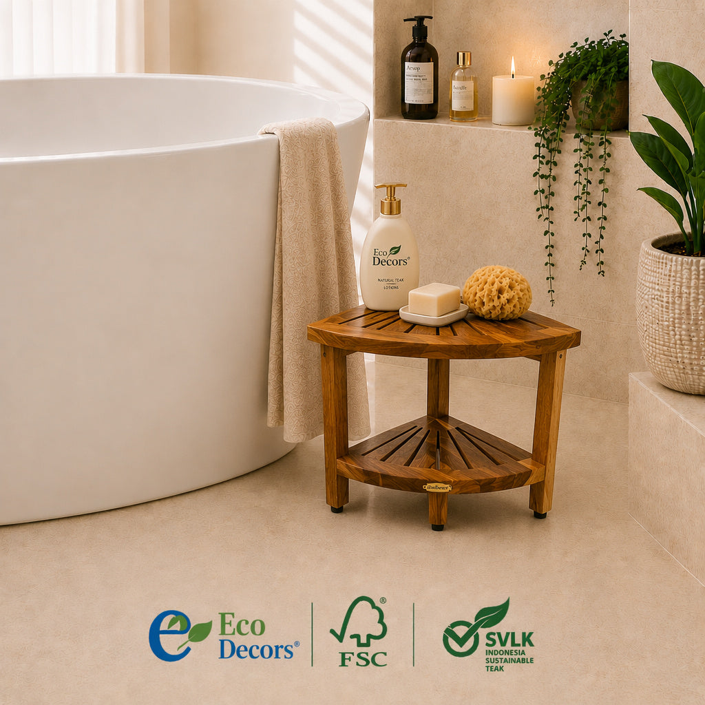 EcoDecors Teak Corner Shower Bench 13" with Shelf – Waterproof Bathroom Stool, Adjustable Non-Slip Feet