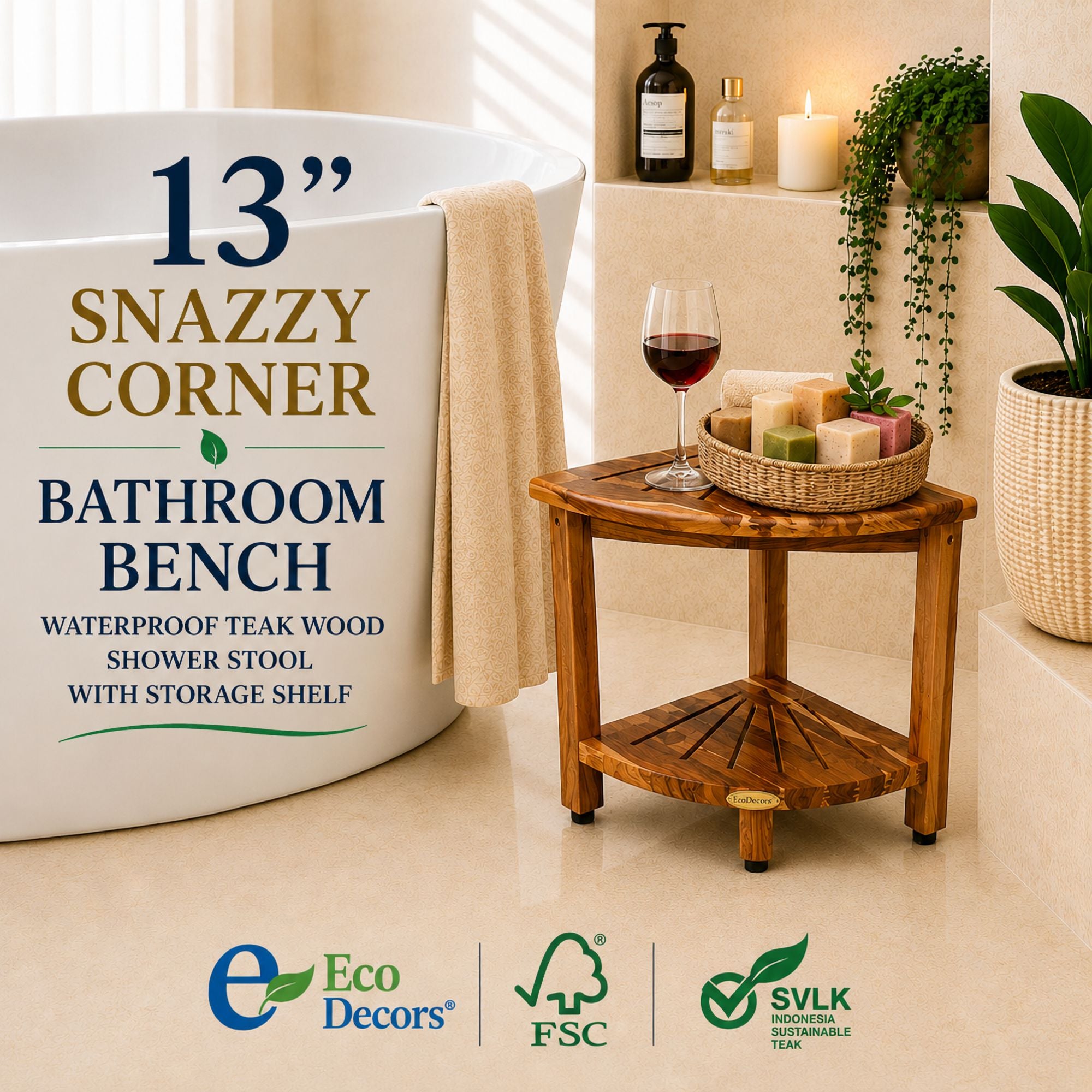 EcoDecors Teak Corner Shower Bench 13" with Shelf – Waterproof Bathroom Stool, Adjustable Non-Slip Feet
