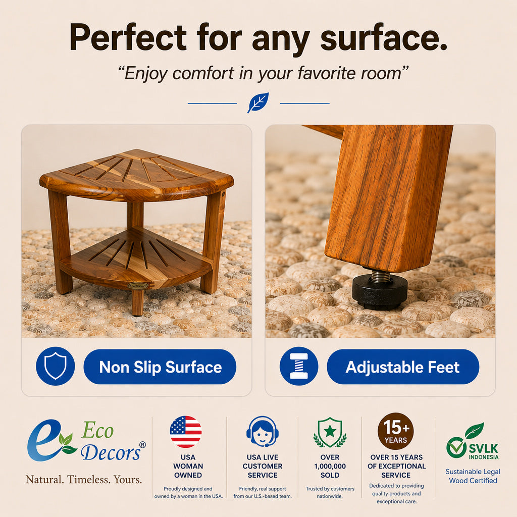EcoDecors Teak Corner Shower Bench 13" with Shelf – Waterproof Bathroom Stool, Adjustable Non-Slip Feet