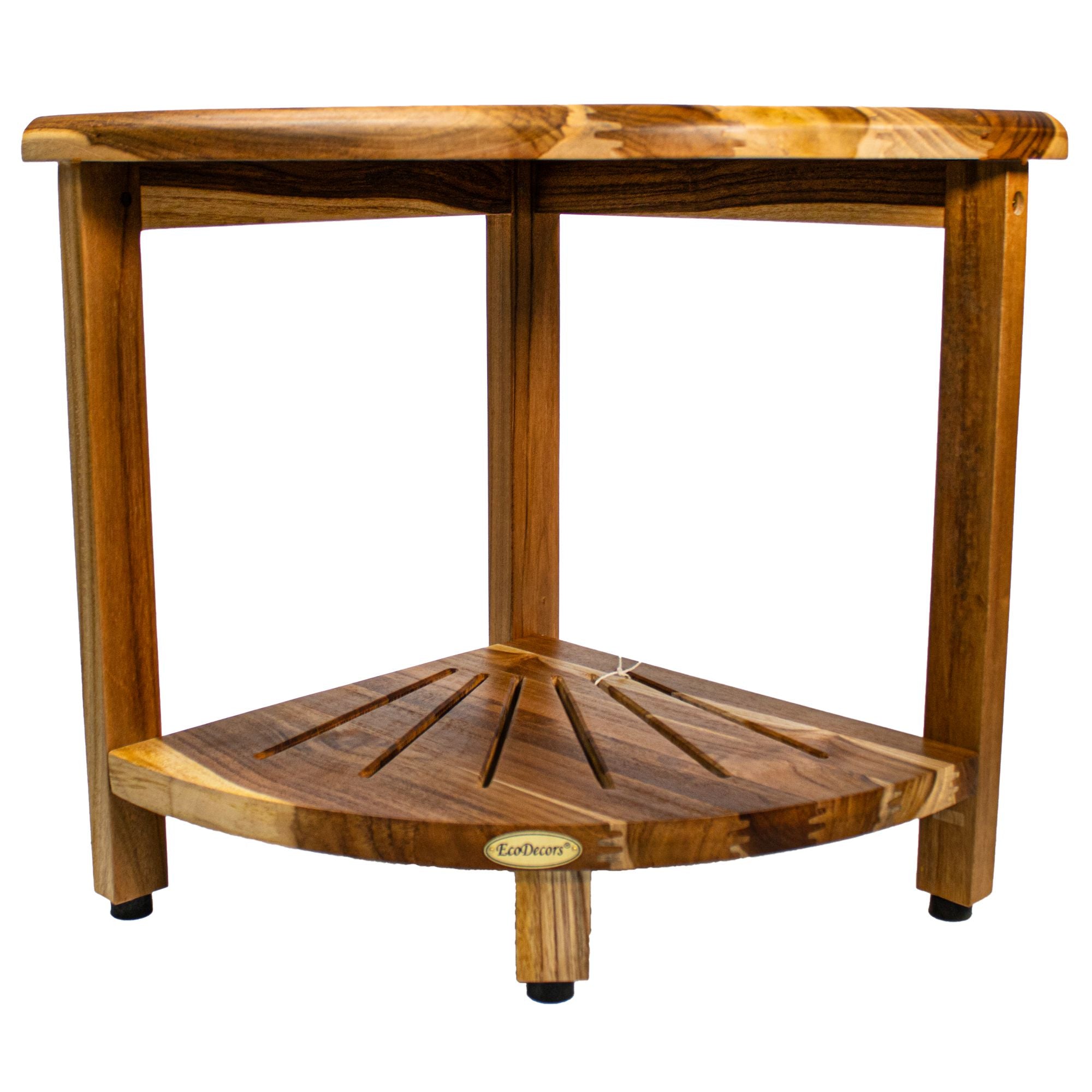 EcoDecors Teak Corner Shower Bench 13" with Shelf – Waterproof Bathroom Stool, Adjustable Non-Slip Feet