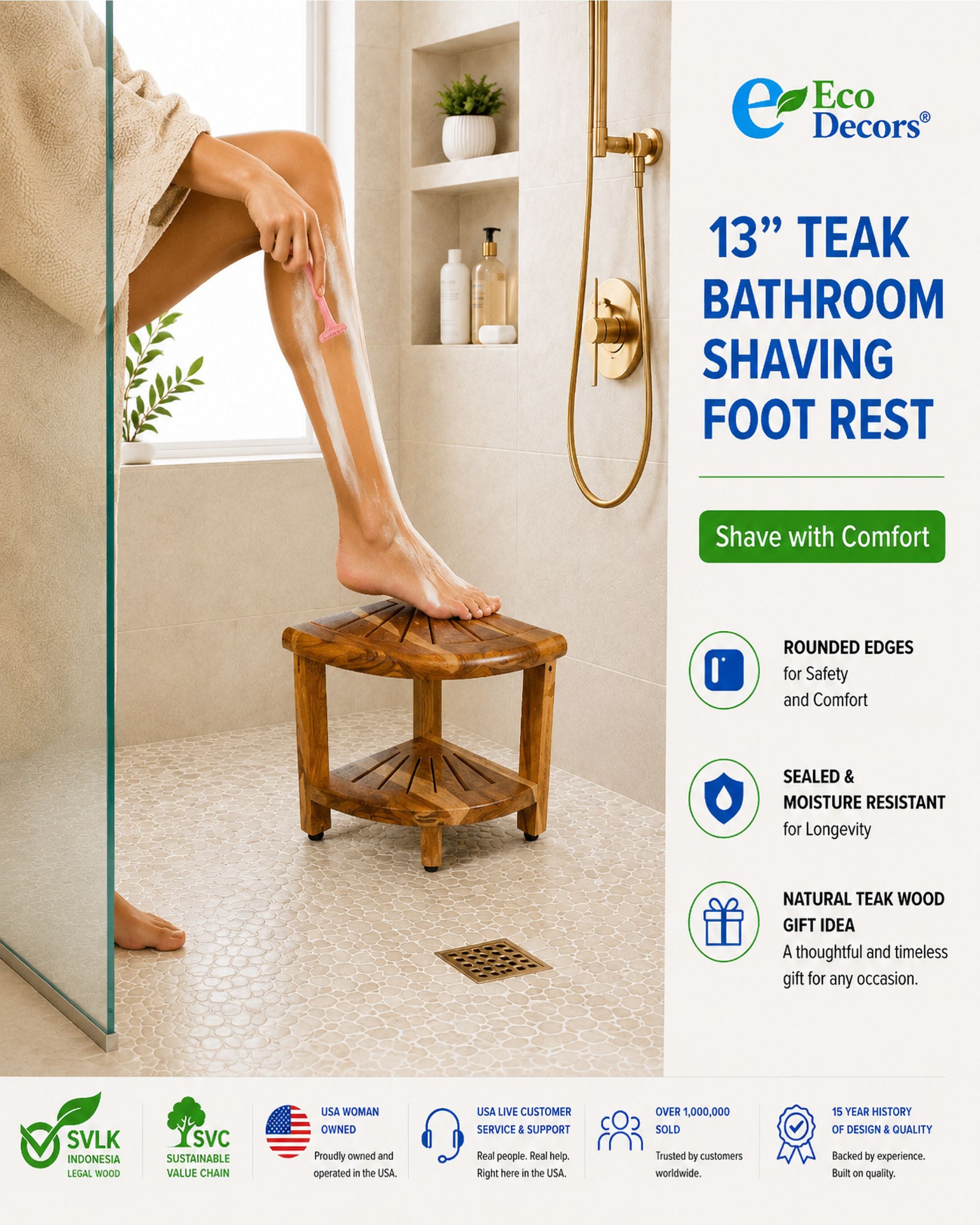 EcoDecors Teak Corner Shower Bench 13" with Shelf – Waterproof Bathroom Stool, Adjustable Non-Slip Feet