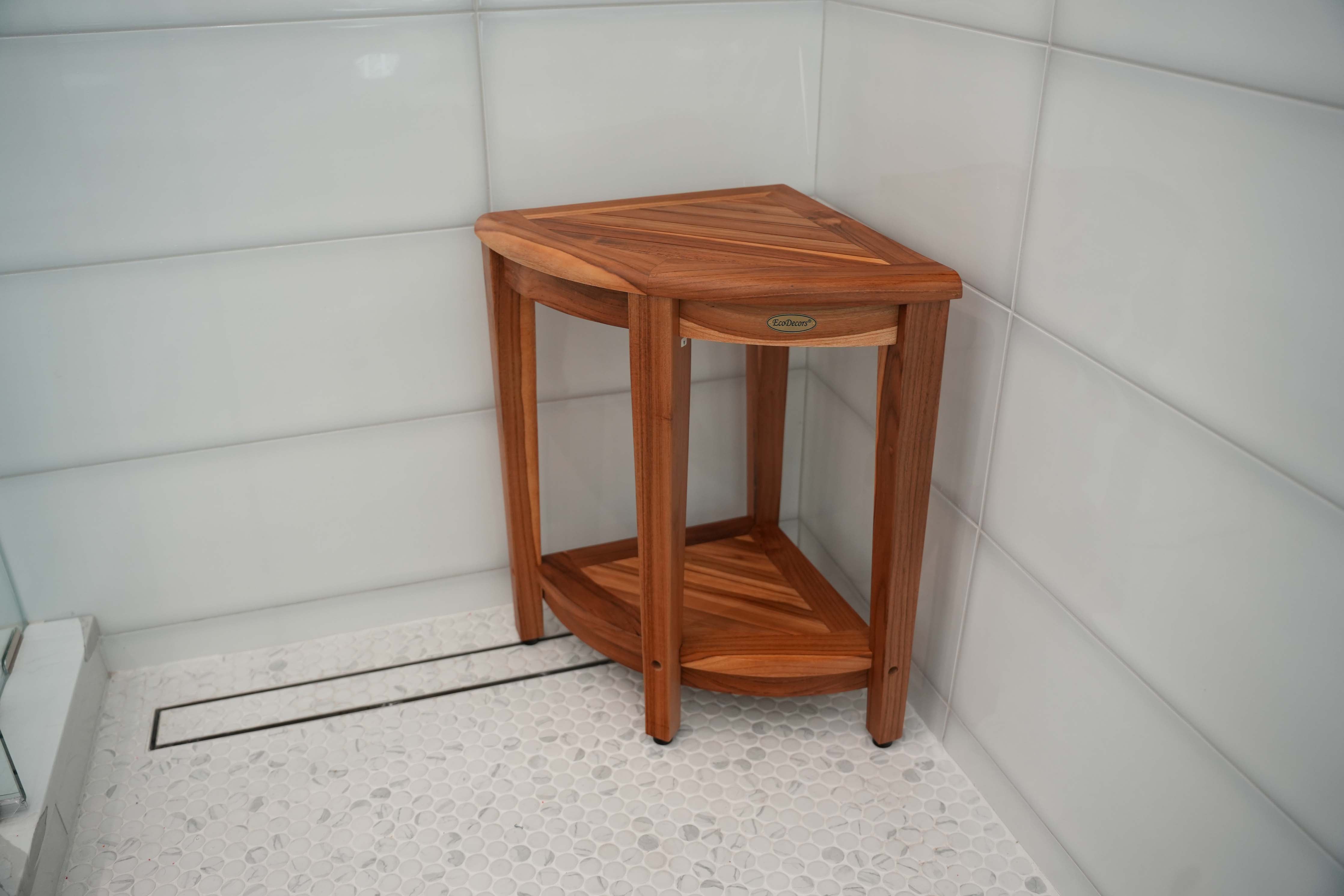 EcoDecors® SnazzyCorner® 24"H Teak Corner Extended Height Shower Bench with Shelf in EarthyTeak Finish