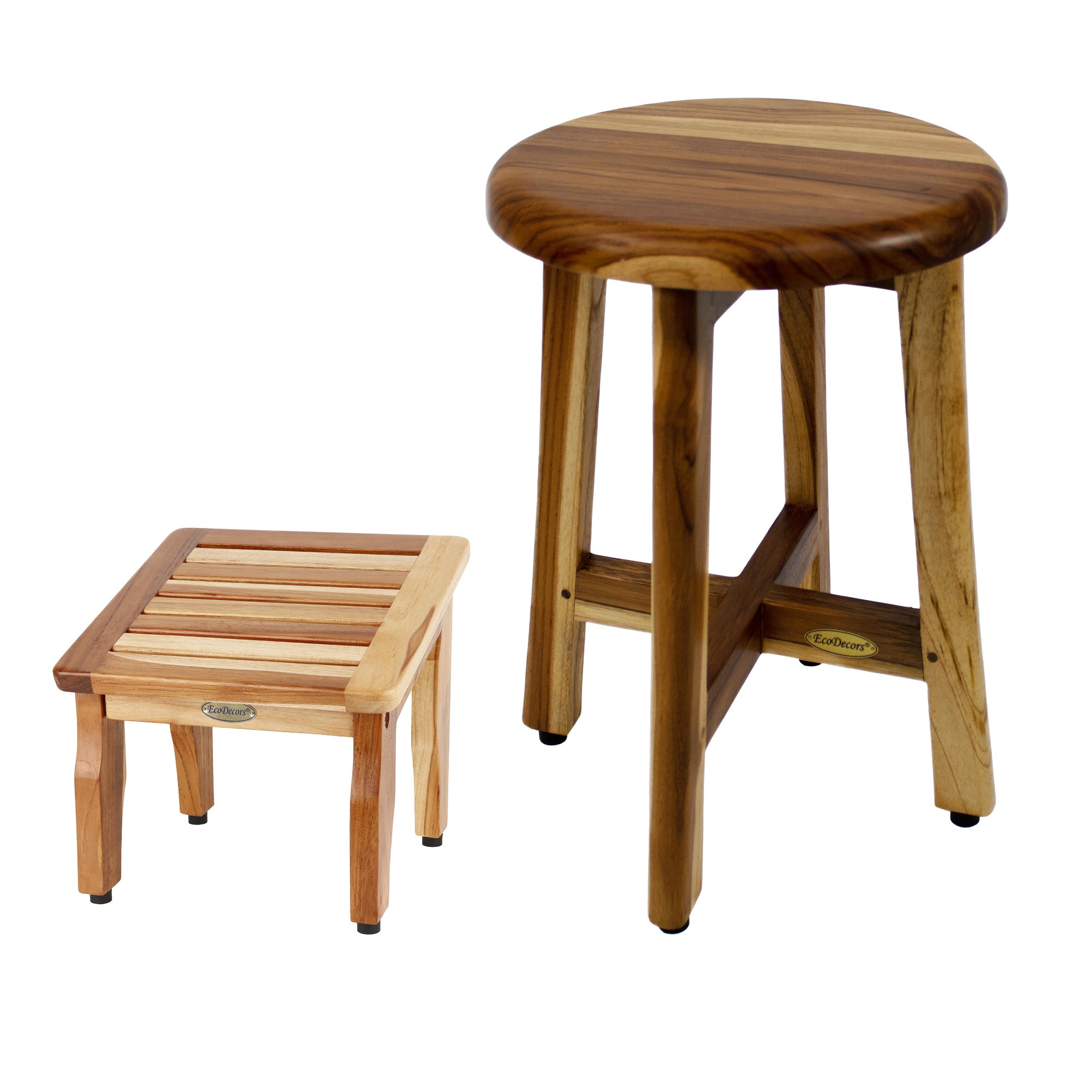 EcoDecors® Shoji® 18" Teak Wood Shower Stool with 12" Round Seat in EarthyTeak Finish - EcoDecors® Eleganto® 12” Teak Bathroom Shaving Foot Rest