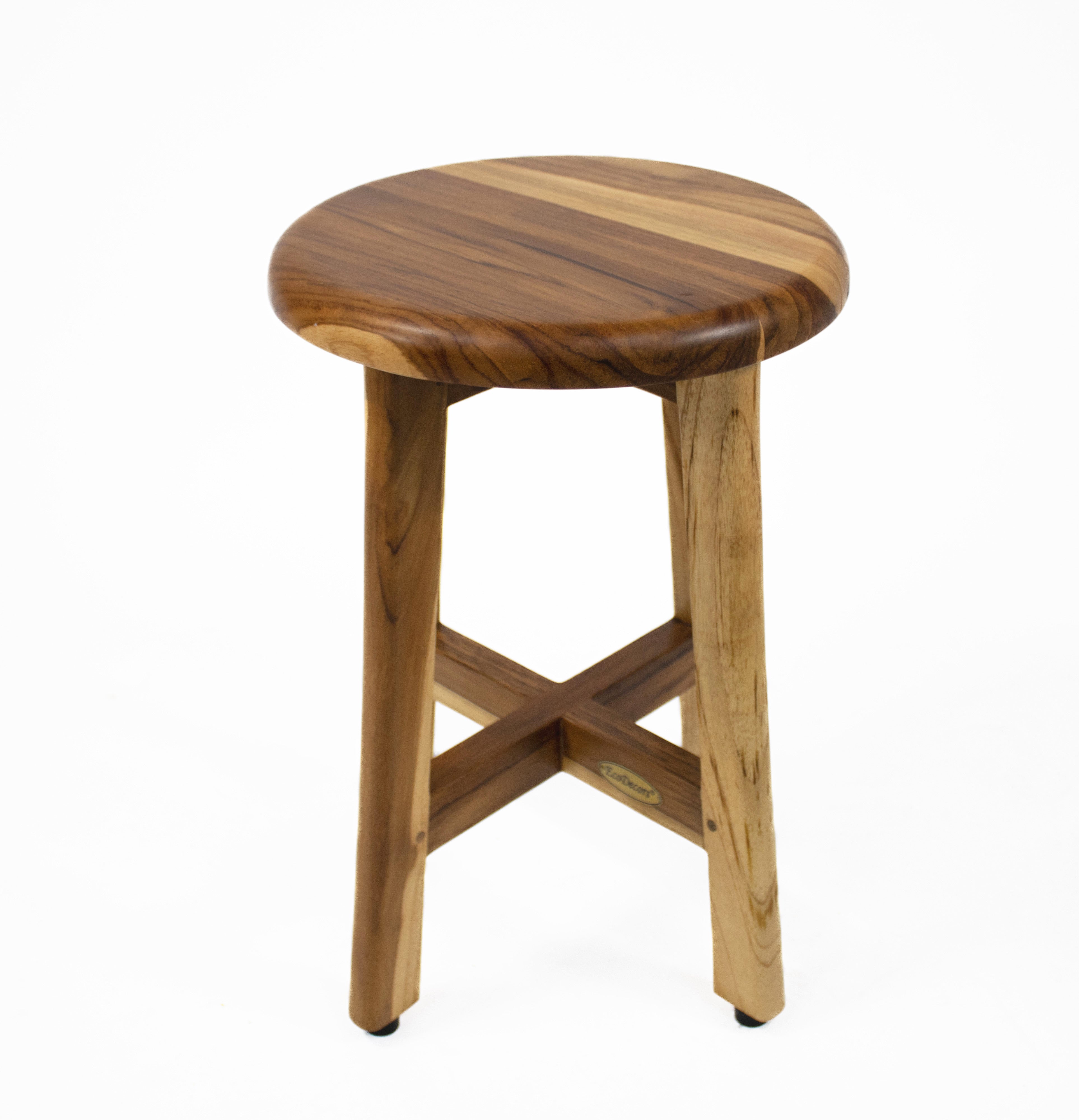 EcoDecors® Shoji® 18" Teak Wood Shower Stool with 12" Round Seat in EarthyTeak Finish - EcoDecors® Eleganto® 12” Teak Bathroom Shaving Foot Rest