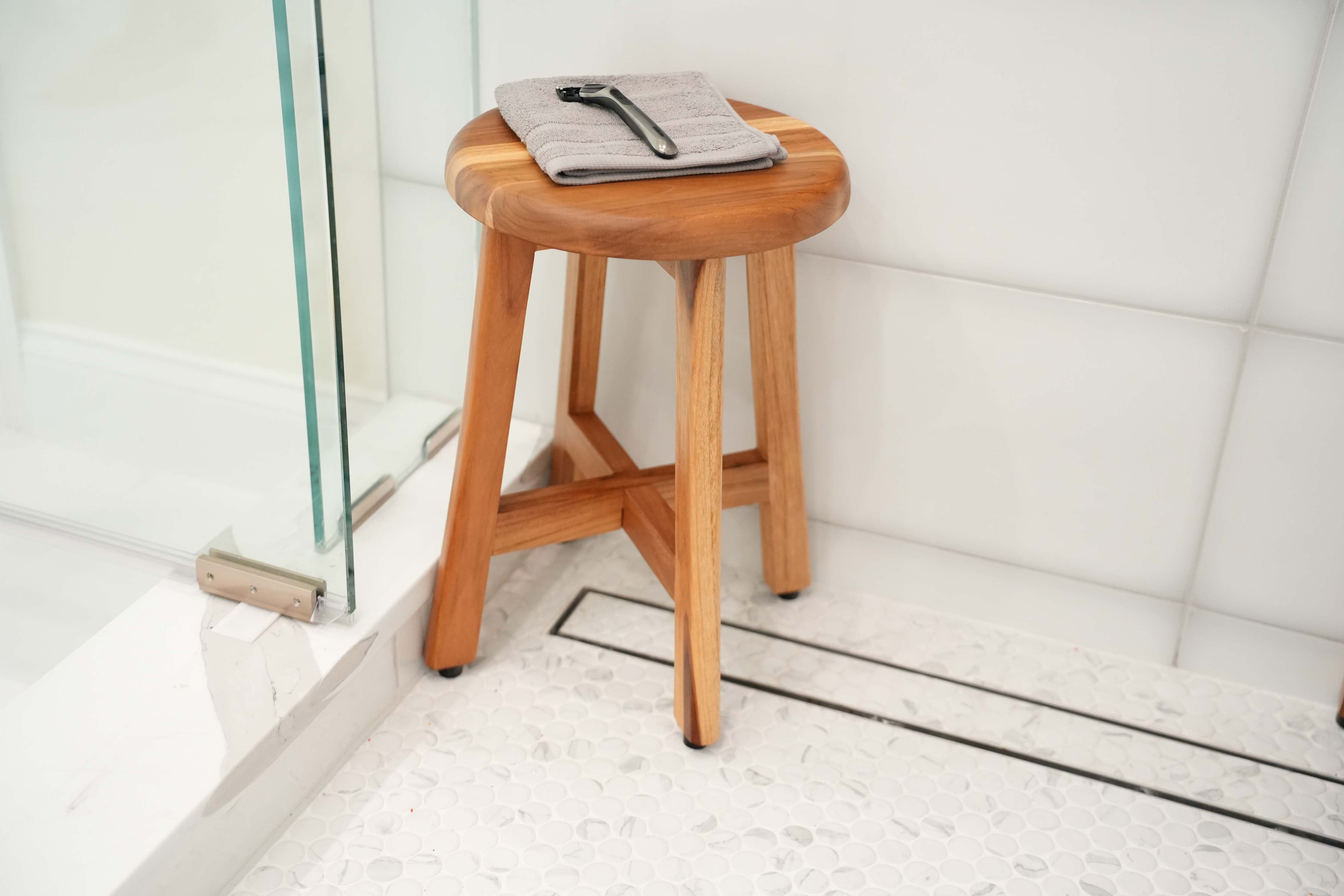 EcoDecors® Shoji® 18" Teak Wood Shower Stool with 12" Round Seat in EarthyTeak Finish
