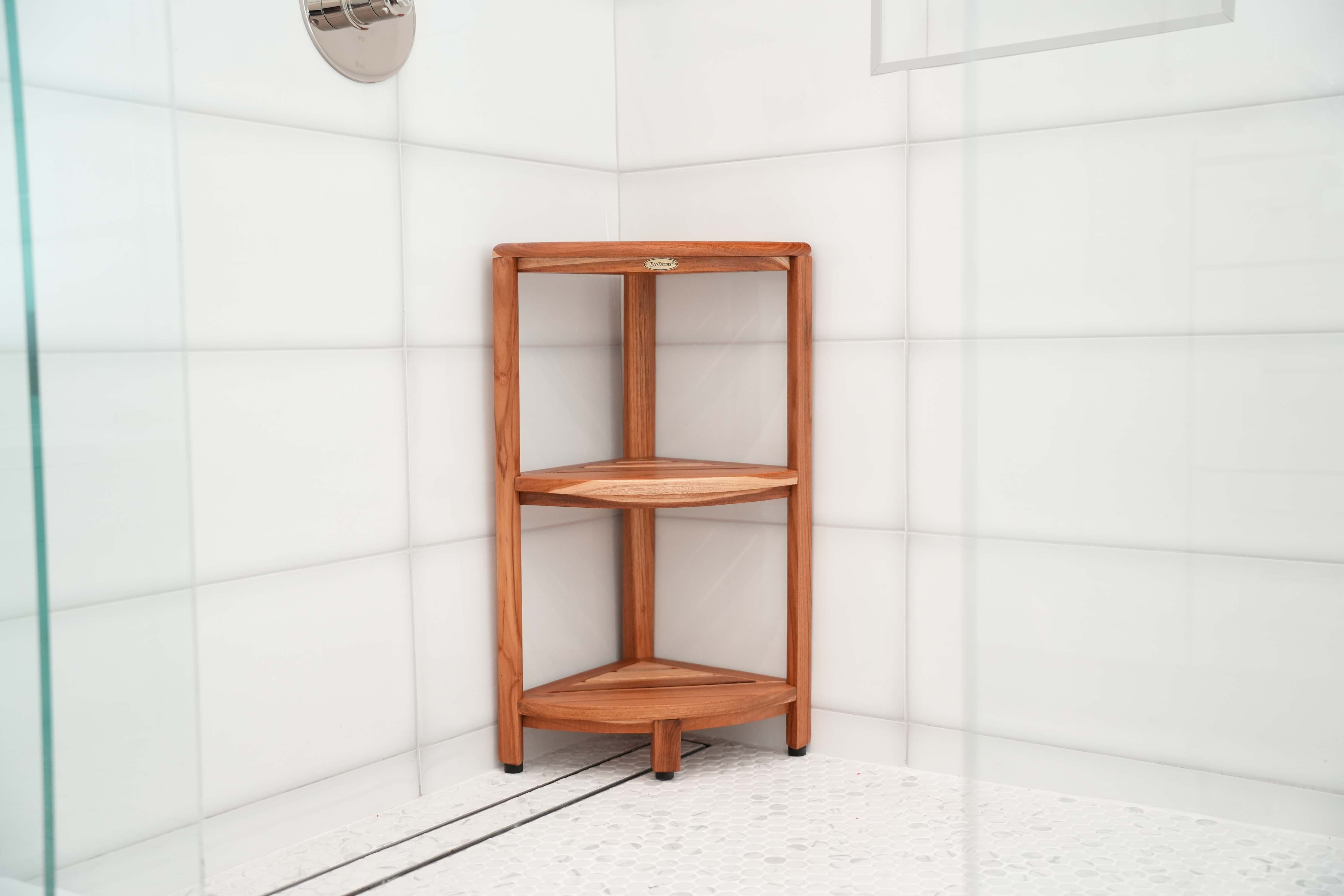 EcoDecors® SnazzyCorner® 27.5"H Teak Wood 3-Tier Corner Shelf – EarthyTeak Finish