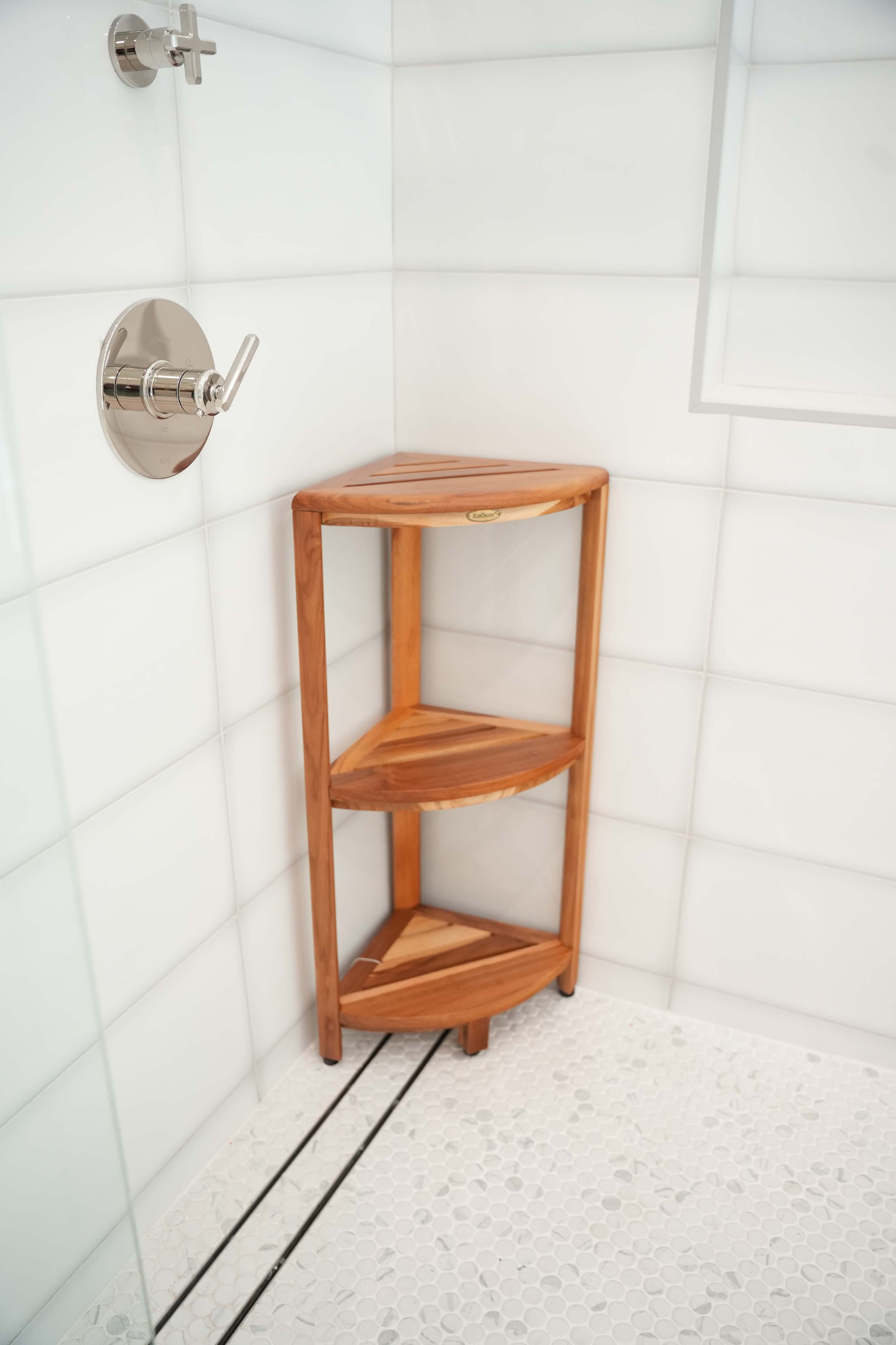 EcoDecors® SnazzyCorner® 27.5"H Teak Wood 3-Tier Corner Shelf – EarthyTeak Finish
