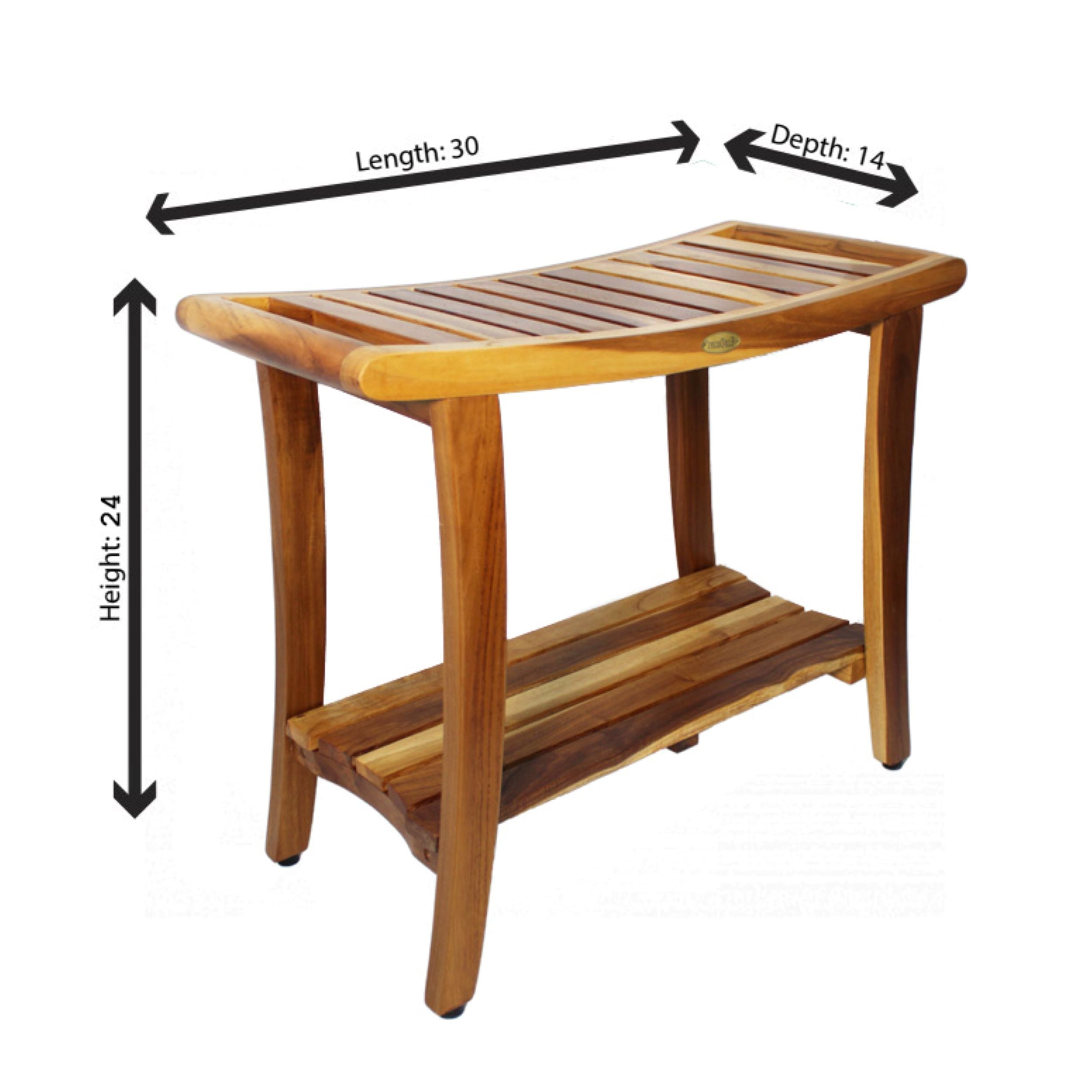 EcoDecors Harmony Natural 30" Teak Shower Bench With Shelf- Extended Height- 24" - Earthy Teak