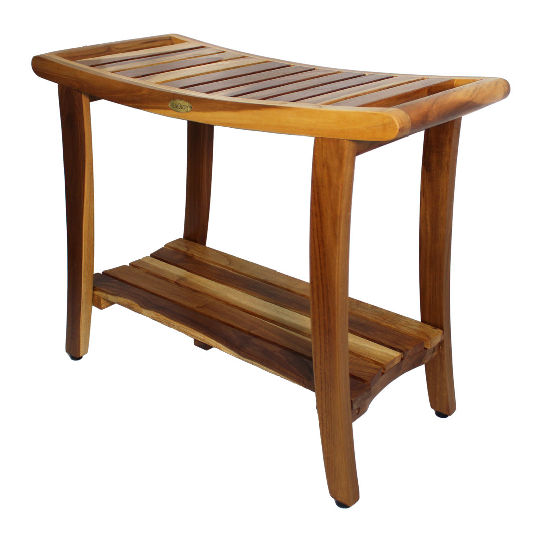 EcoDecors Harmony Natural 30" Teak Shower Bench With Shelf- Extended Height- 24" - Earthy Teak