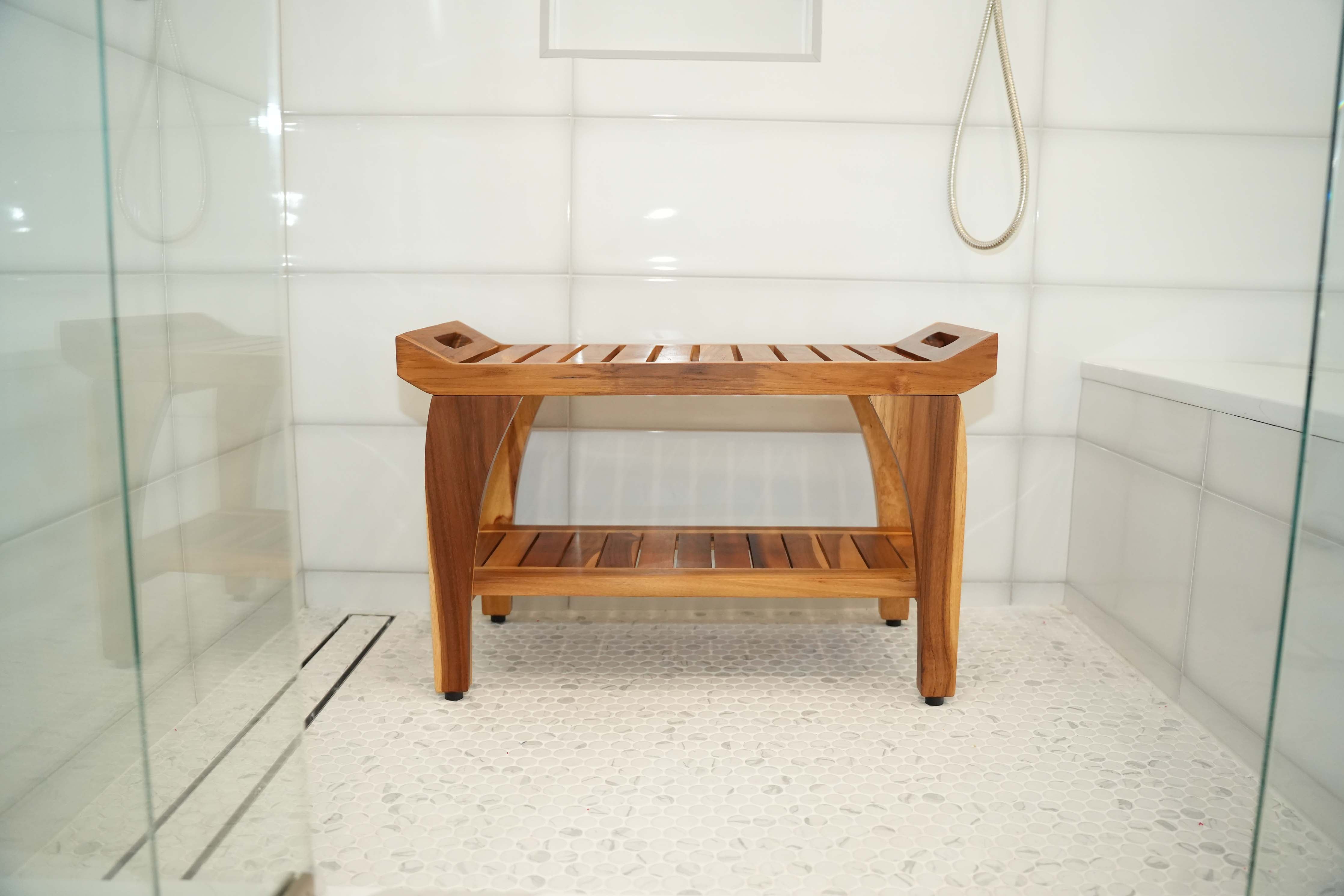 EcoDecors® Tranquility® 30" Teak Wood Shower Bench with Shelf in EarthyTeak Finish