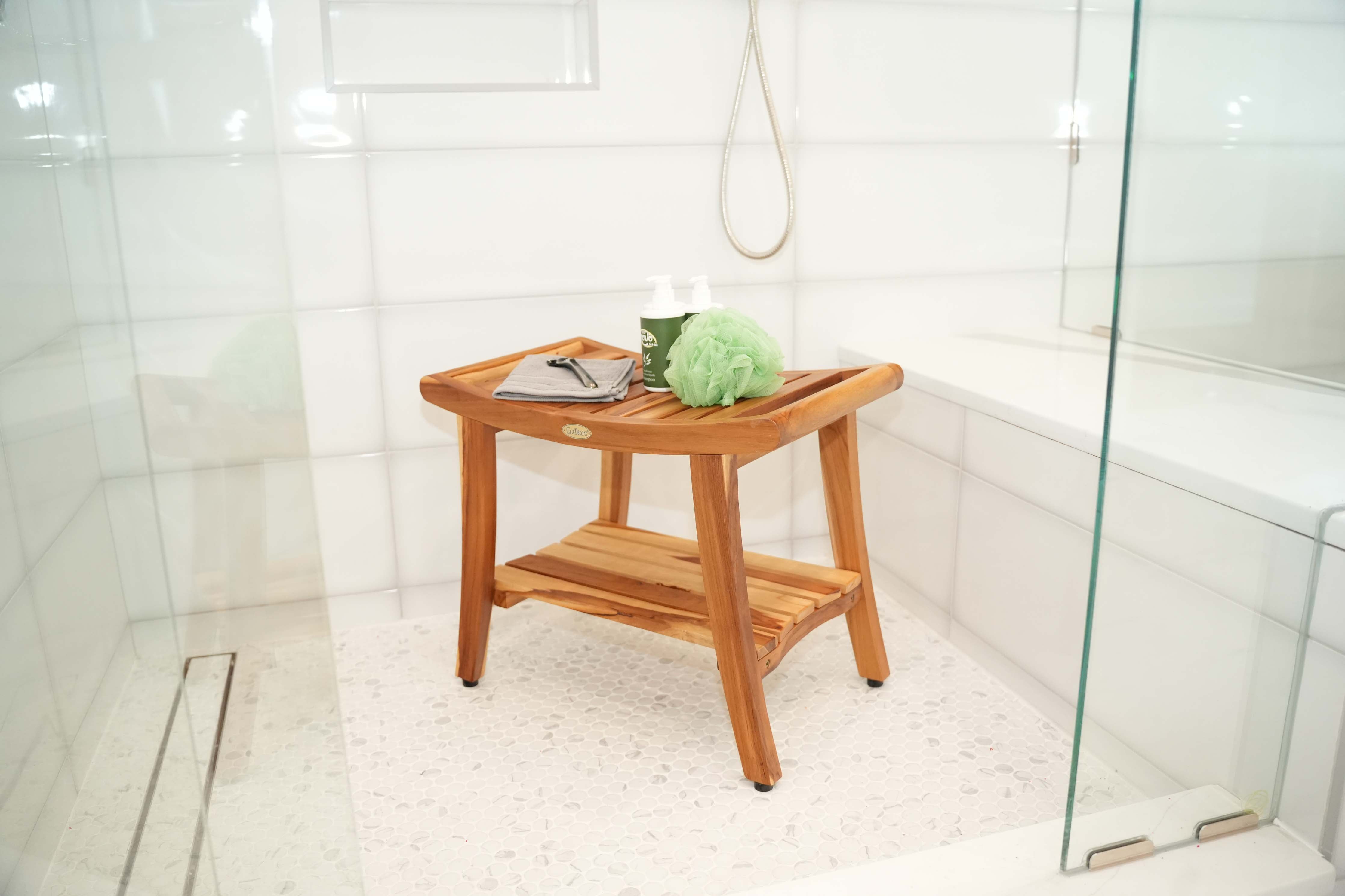 EcoDecors® Harmony® 24" Teak Wood Shower Bench with Shelf and LiftAide® Arms in EarthyTeak Finish