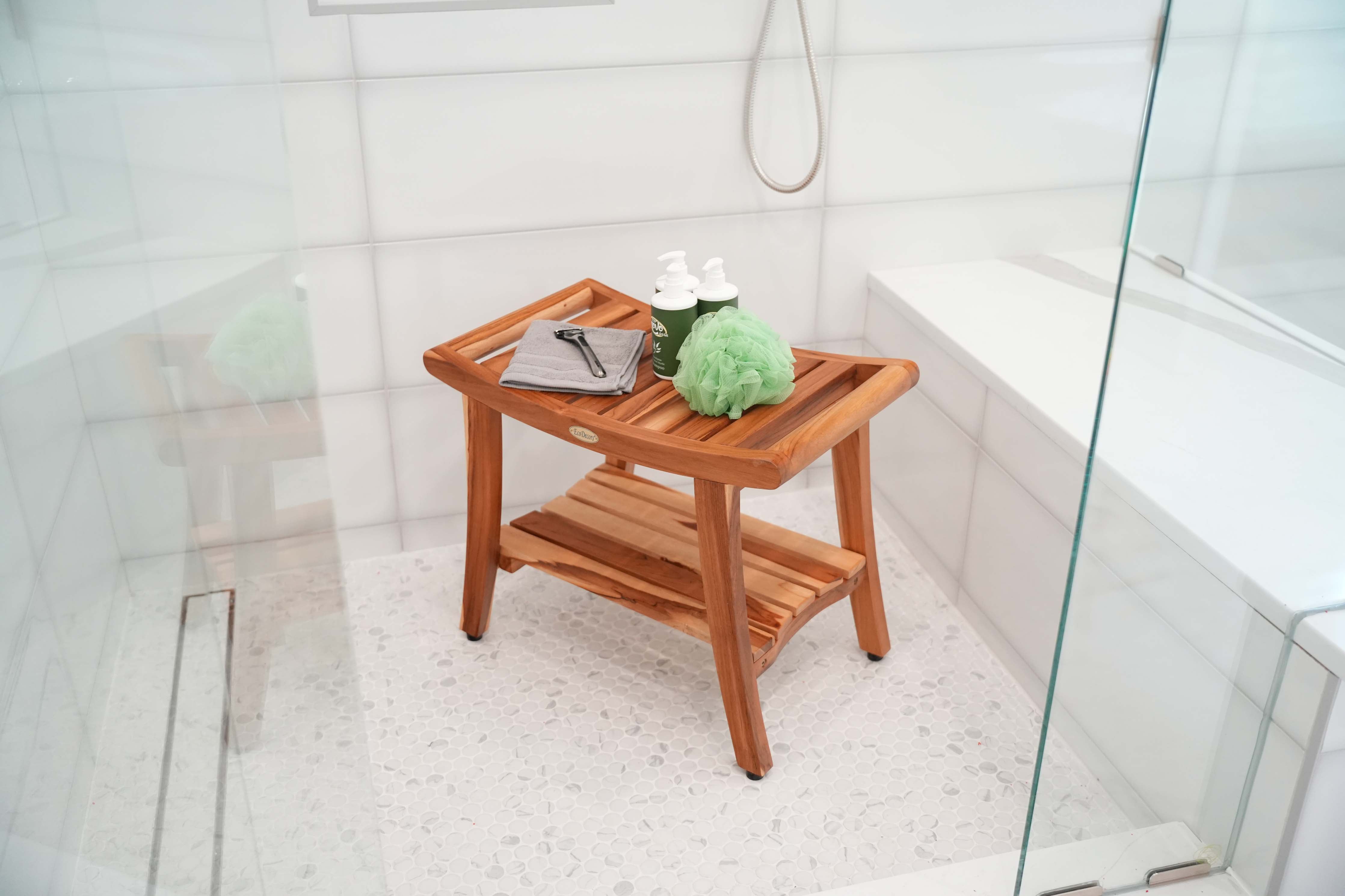 EcoDecors® Harmony® 24" Teak Wood Shower Bench with Shelf and LiftAide® Arms in EarthyTeak Finish