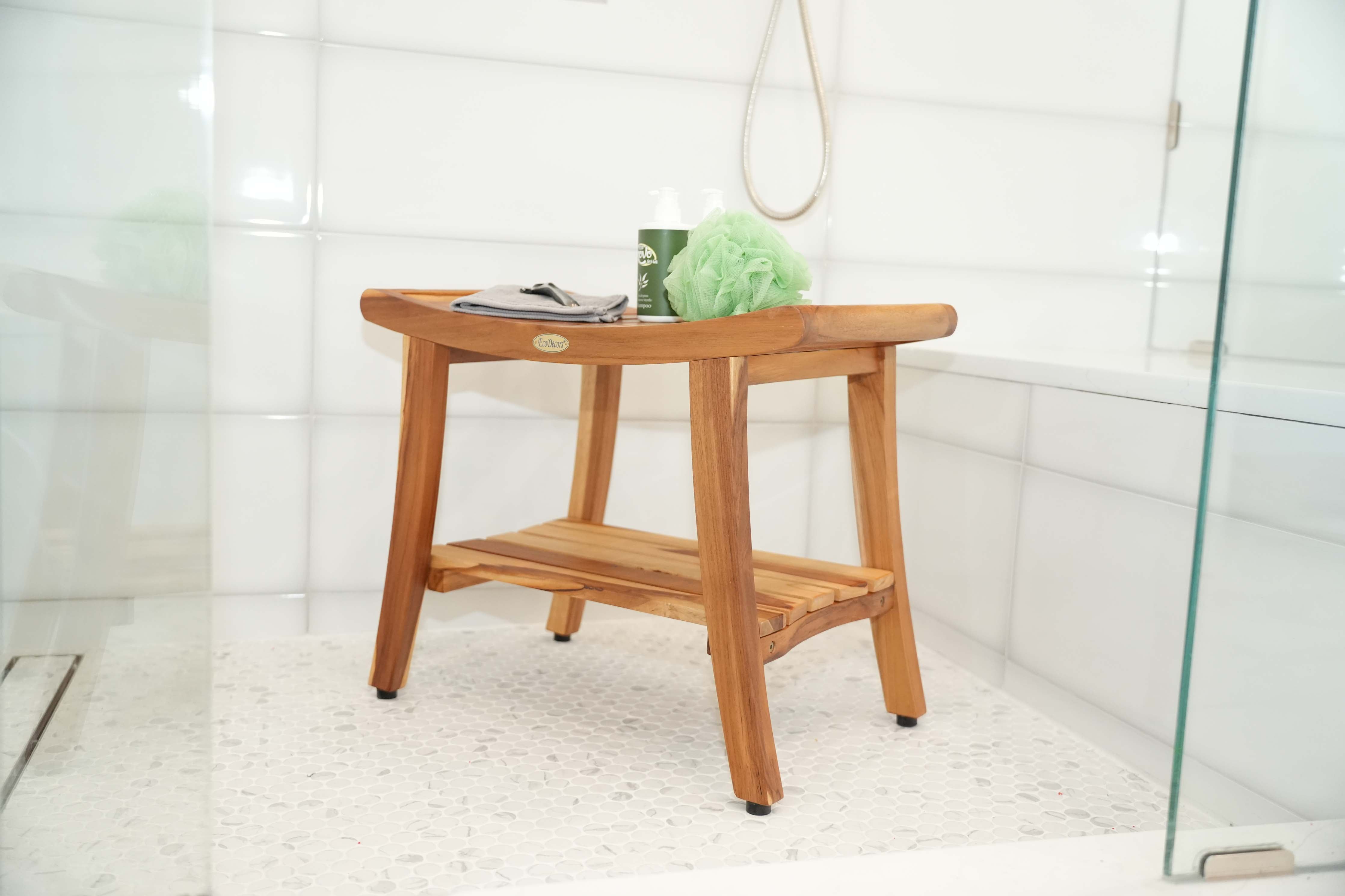 EcoDecors® Harmony® 24" Teak Wood Shower Bench with Shelf and LiftAide® Arms in EarthyTeak Finish