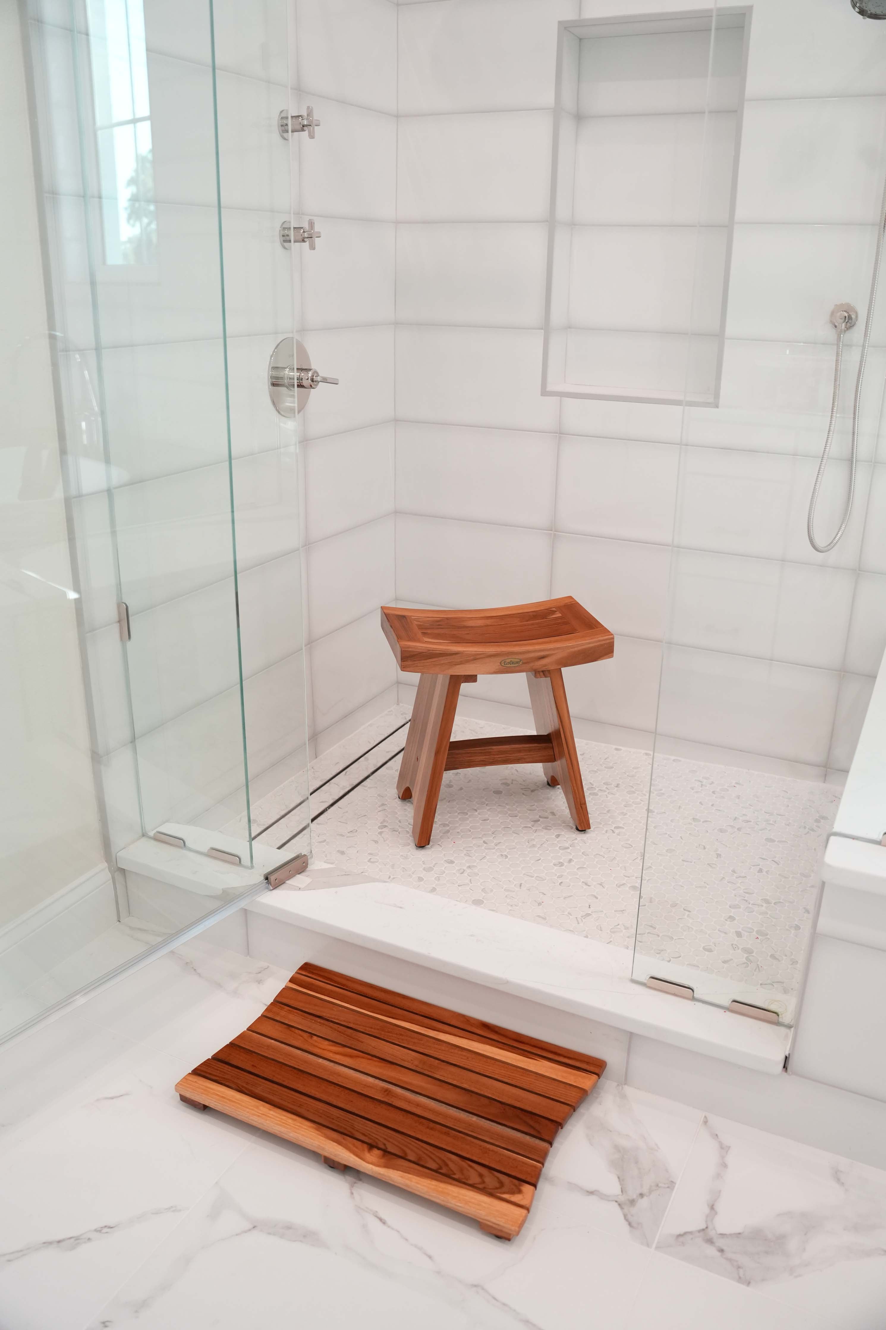EcoDecors® Serenity® 18" Teak Wood Shower Bench with Shelf in EarthyTeak Finish