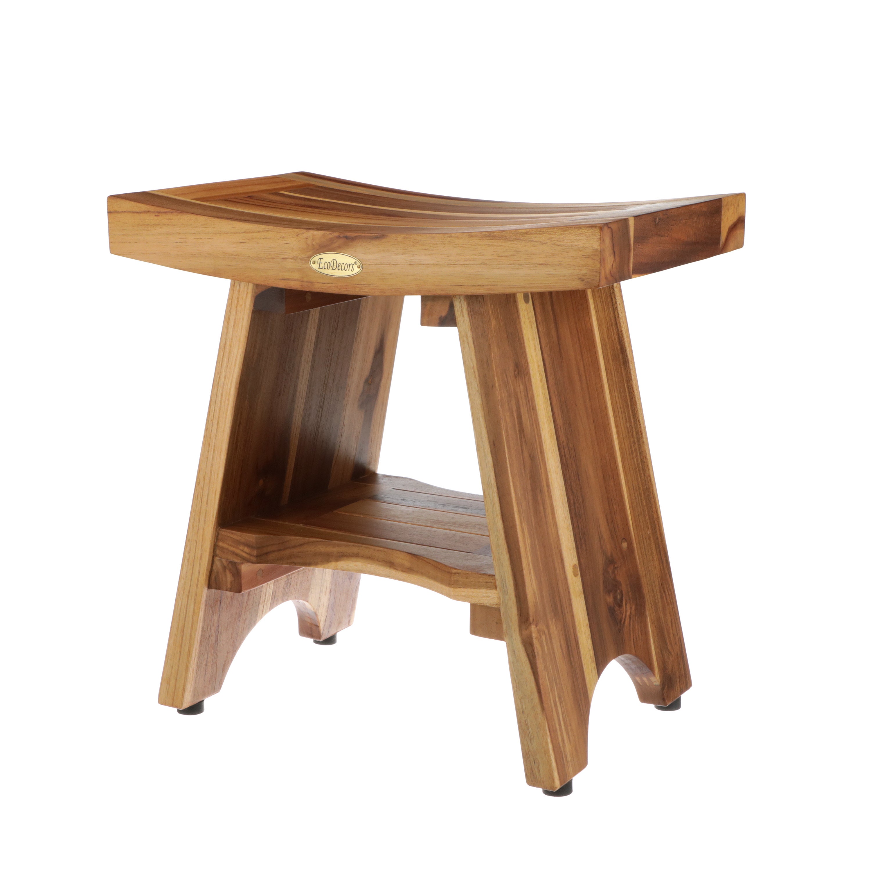 EcoDecors® Serenity® 18" Teak Wood Shower Bench with Shelf in EarthyTeak Finish, Fully Assembled, Water-Resistant, Compact Bathroom & Shower Seat