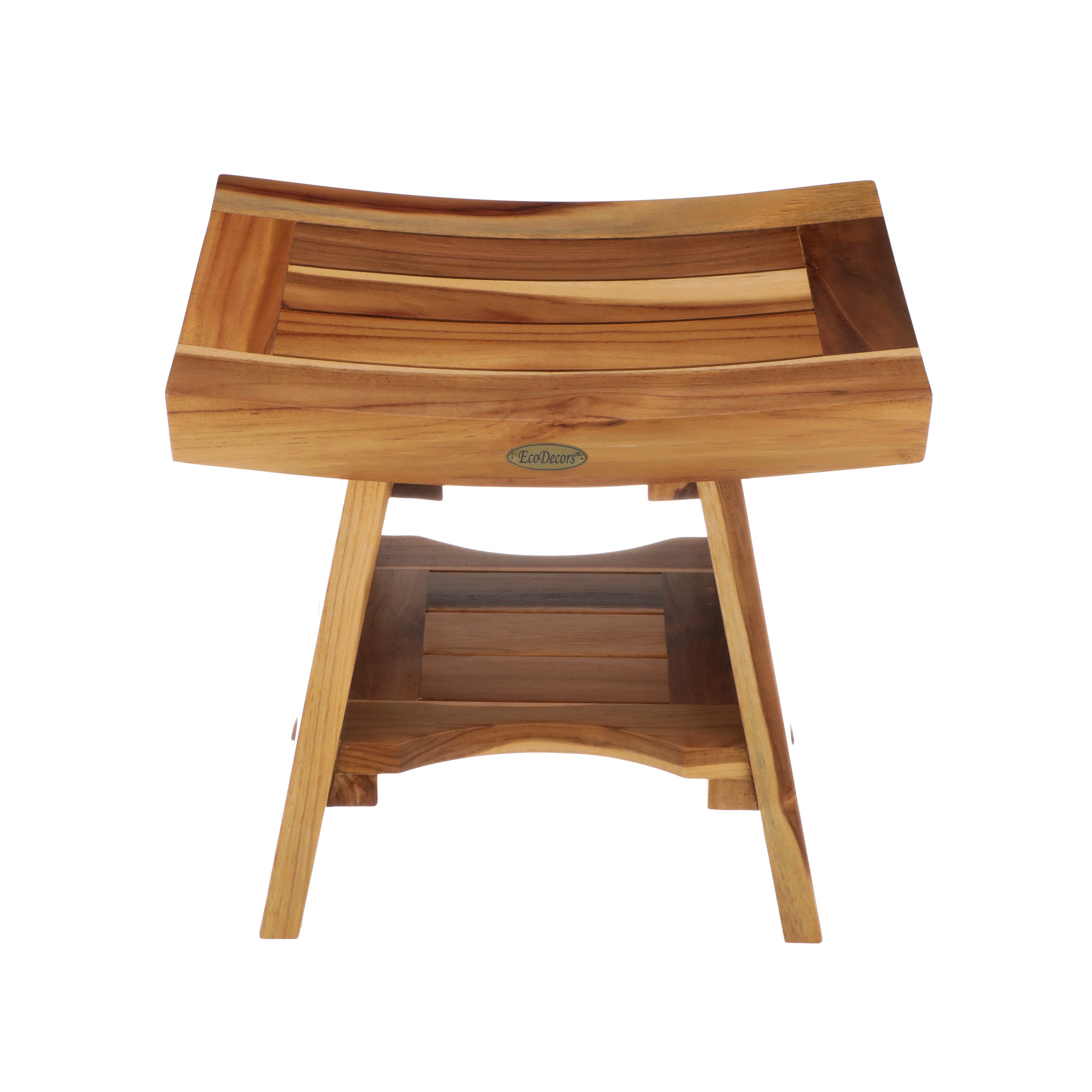 EcoDecors® Serenity® 18" Teak Wood Shower Bench with Shelf in EarthyTeak Finish, Fully Assembled, Water-Resistant, Compact Bathroom & Shower Seat