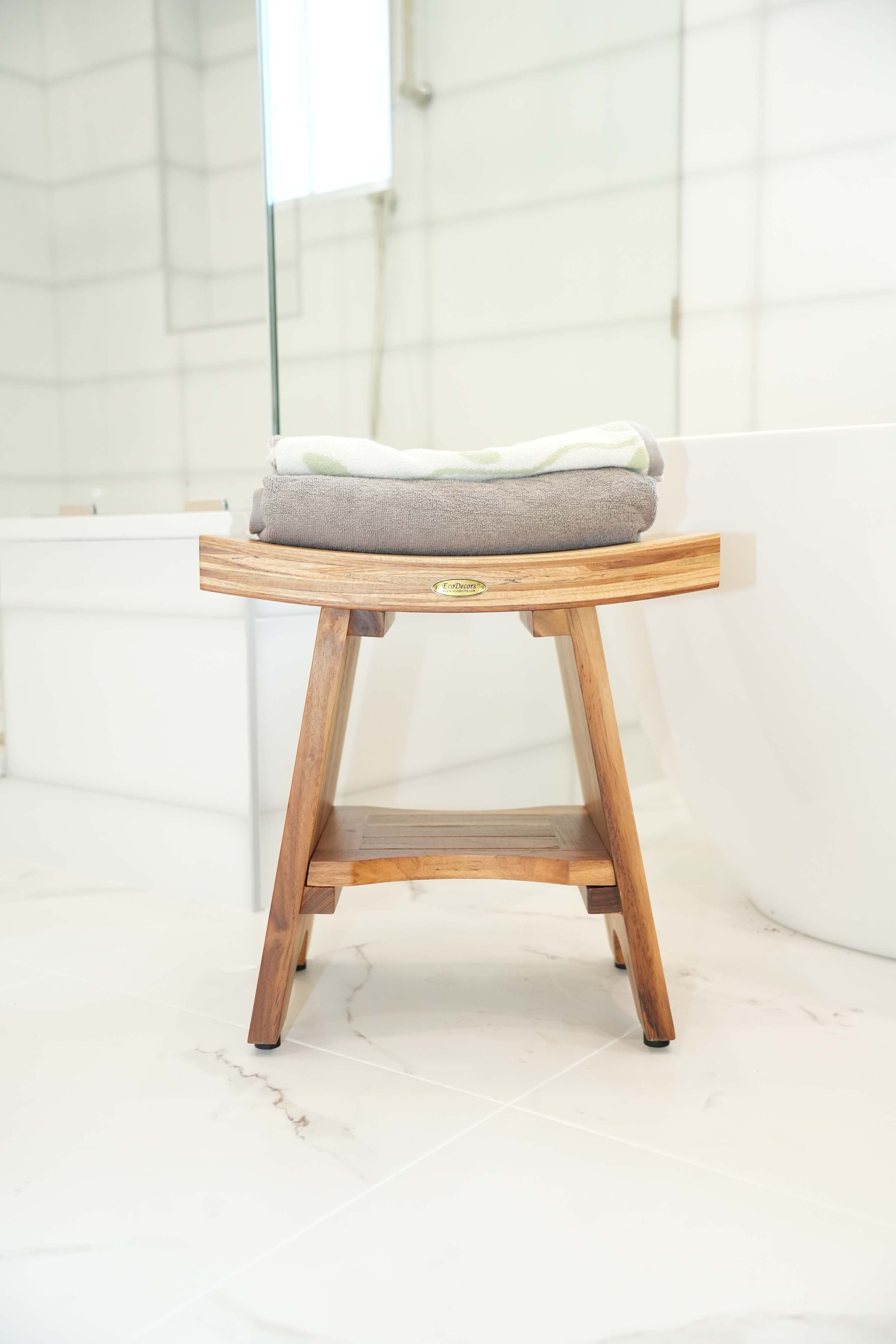 EcoDecors® Serenity® 18" Teak Wood Shower Bench with Shelf in EarthyTeak Finish, Fully Assembled, Water-Resistant, Compact Bathroom & Shower Seat