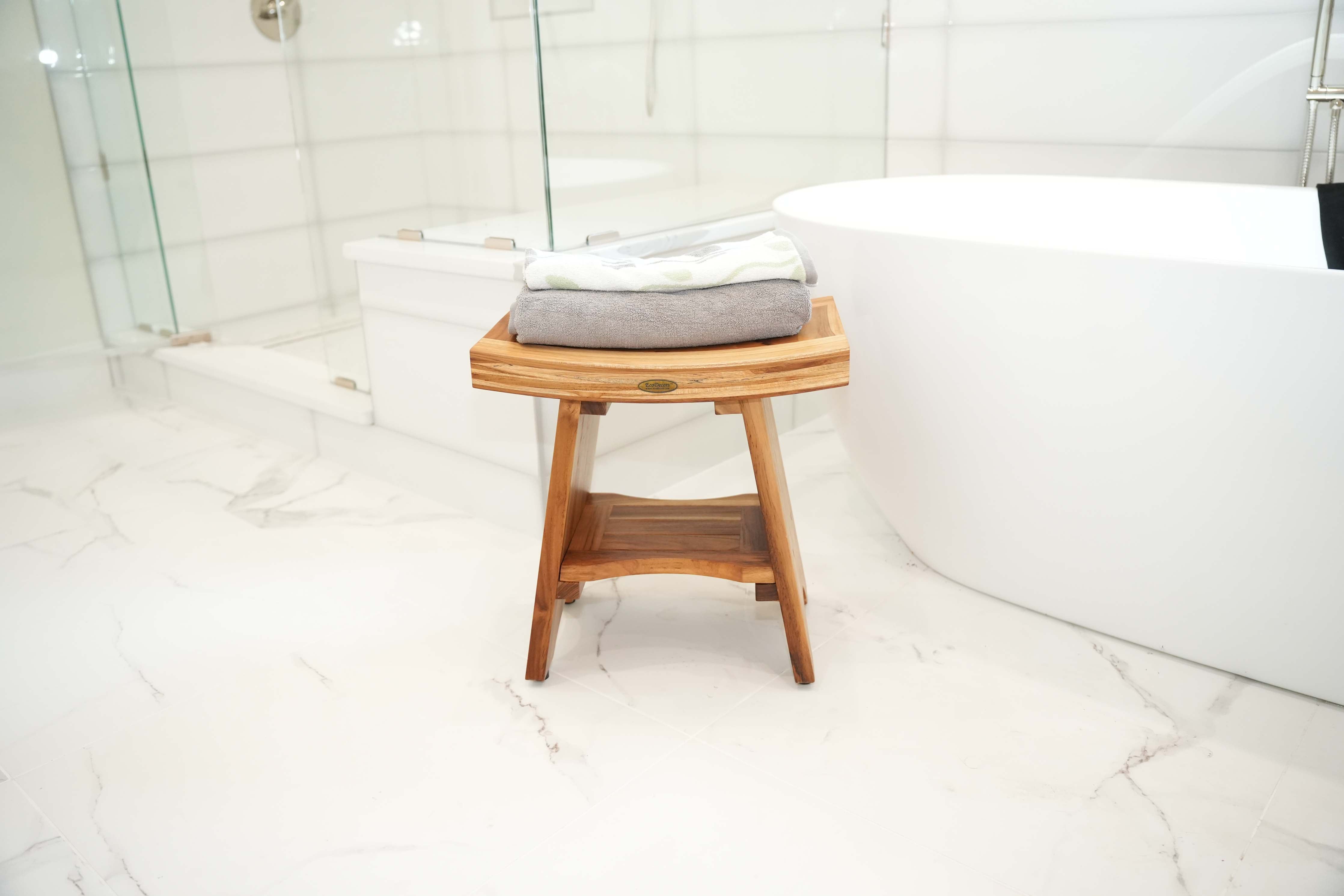 EcoDecors® Serenity® 18" Teak Wood Shower Bench with Shelf in EarthyTeak Finish