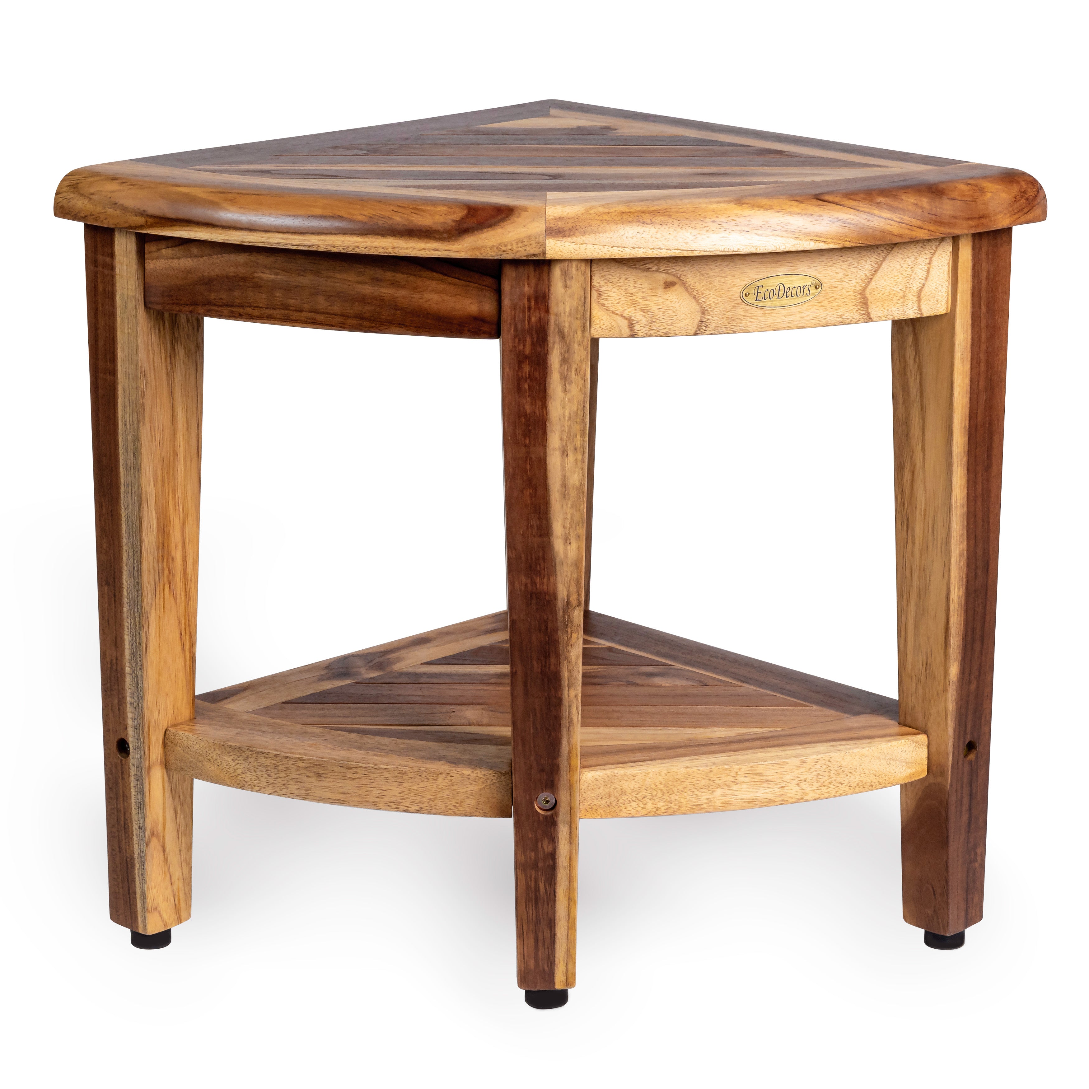 EcoDecors® SnazzyCorner® 18"H Teak Wood Corner Shower Bench with Shelf in EarthyTeak Finish