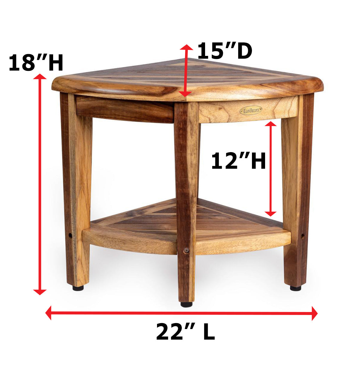 EcoDecors® SnazzyCorner® 18"H Teak Wood Corner Shower Bench with Shelf in EarthyTeak Finish
