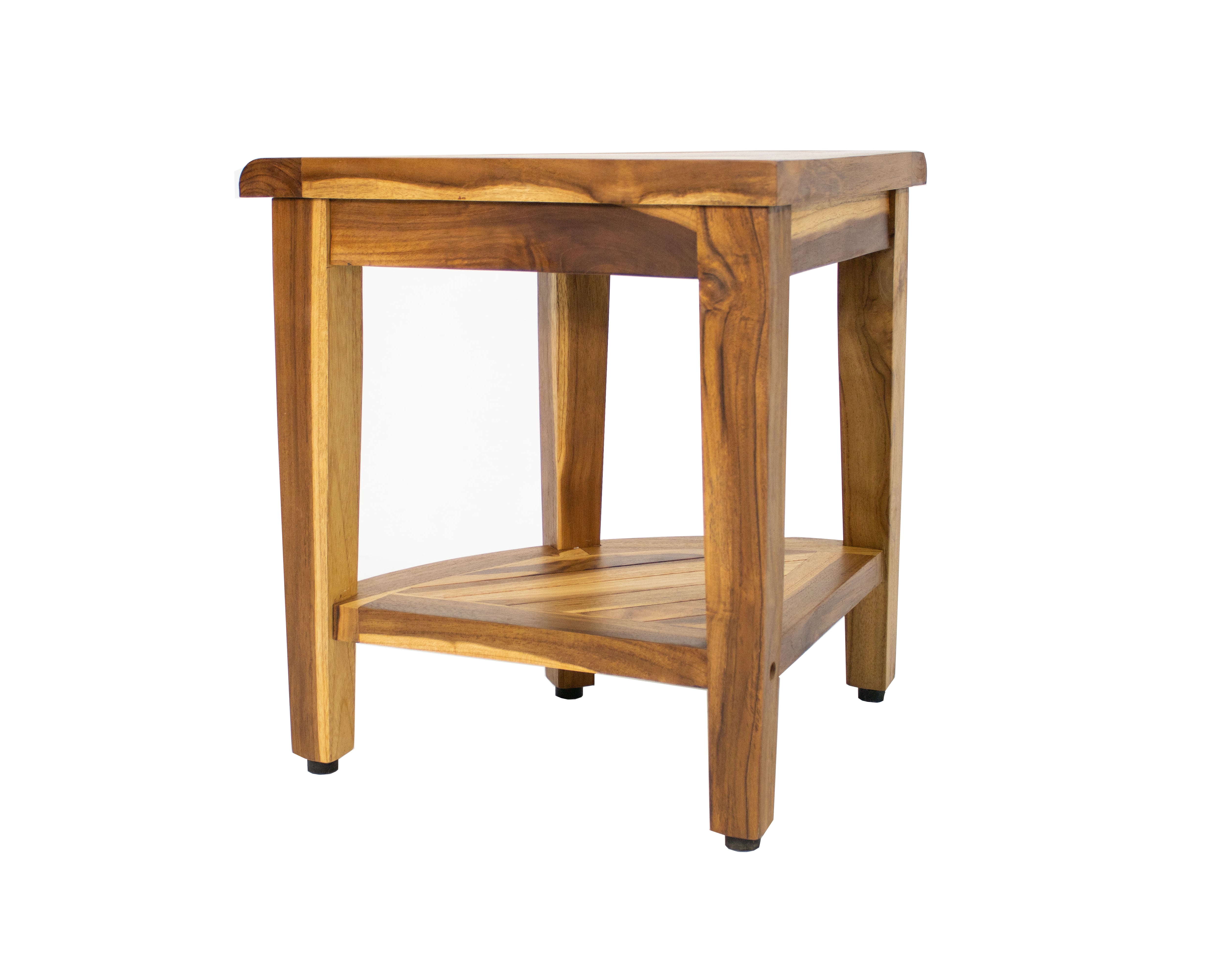 OPEN BOX, FULLY ASSEMBLED EcoDecors® SnazzyCorner® 18" H Wide Teak Wood Corner Shower Bench with Shelf in EarthyTeak Finish, Fully Assembled, 300LB Capacity