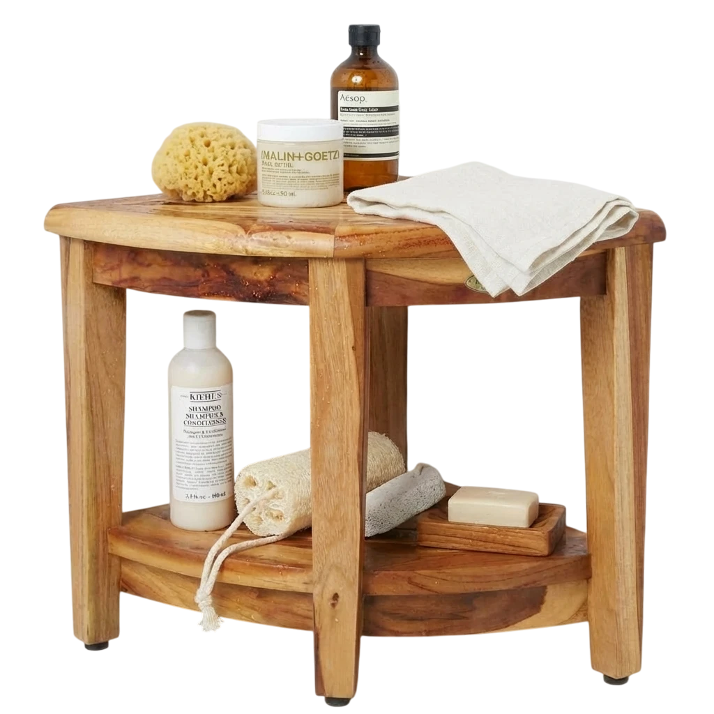 EcoDecors® SnazzyCorner® 18"H Teak Wood Corner Shower Bench with Shelf in EarthyTeak Finish