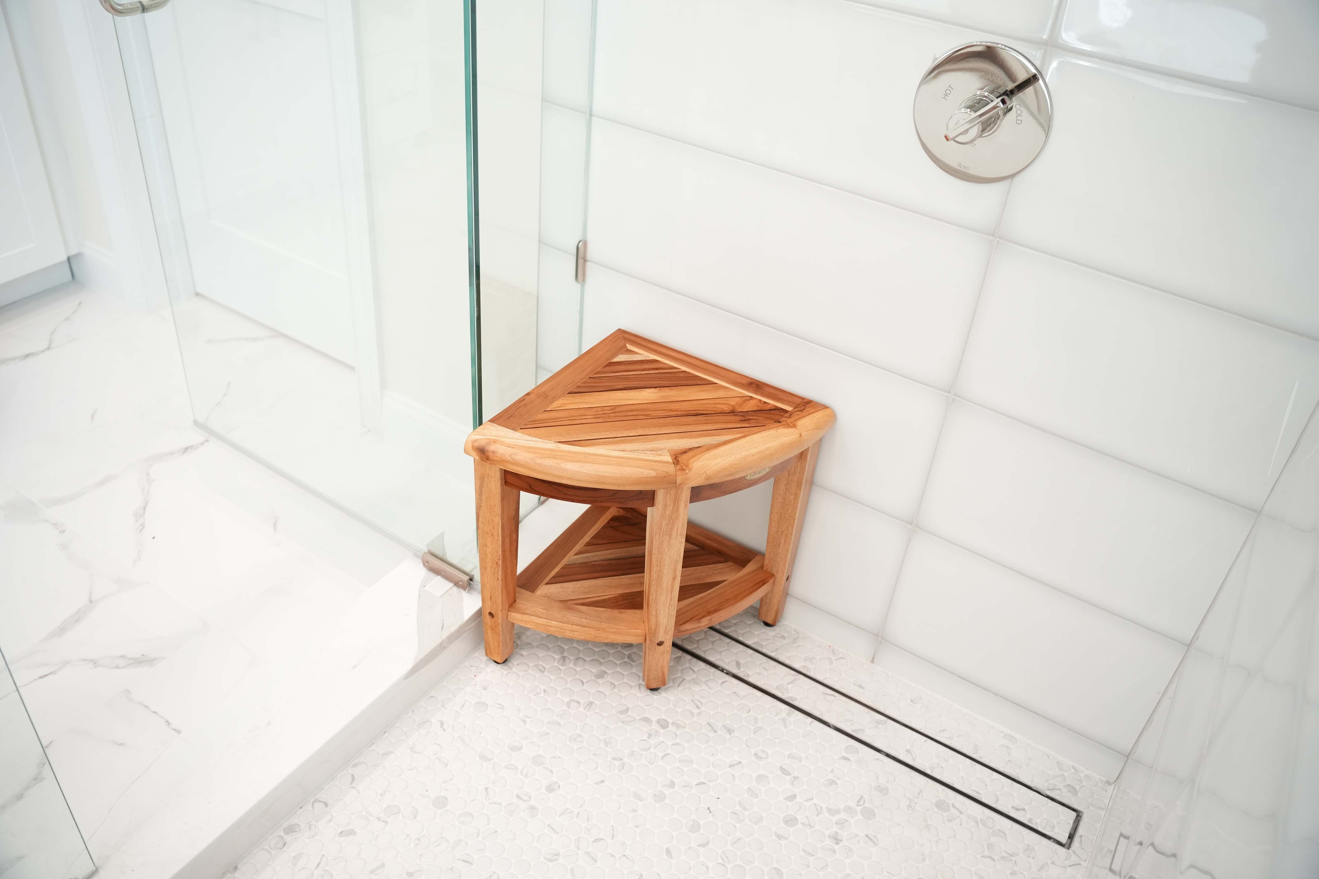 EcoDecors® SnazzyCorner® 18"H Teak Wood Corner Shower Bench with Shelf in EarthyTeak Finish