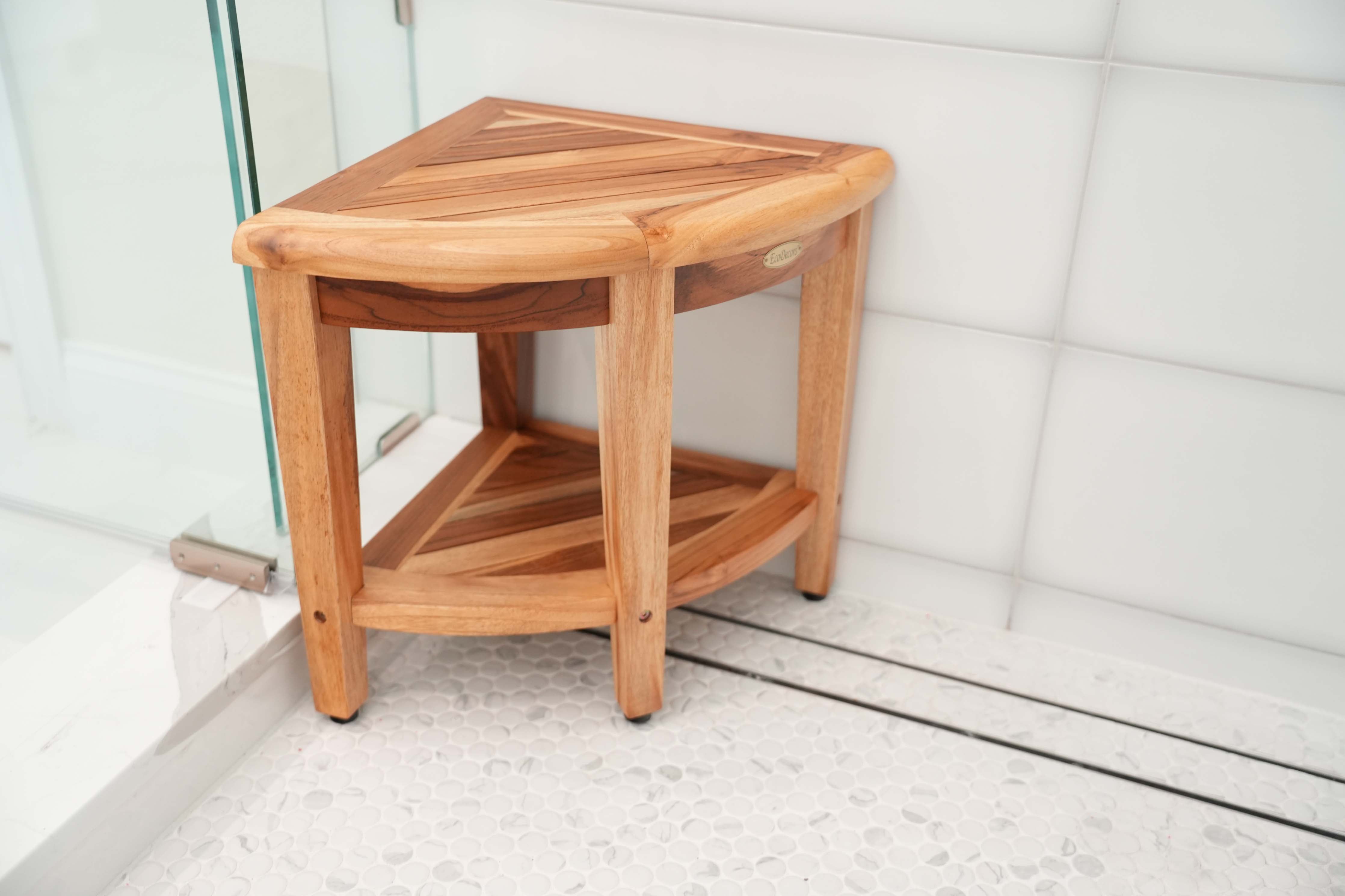 EcoDecors® SnazzyCorner® 18"H Teak Wood Corner Shower Bench with Shelf in EarthyTeak Finish