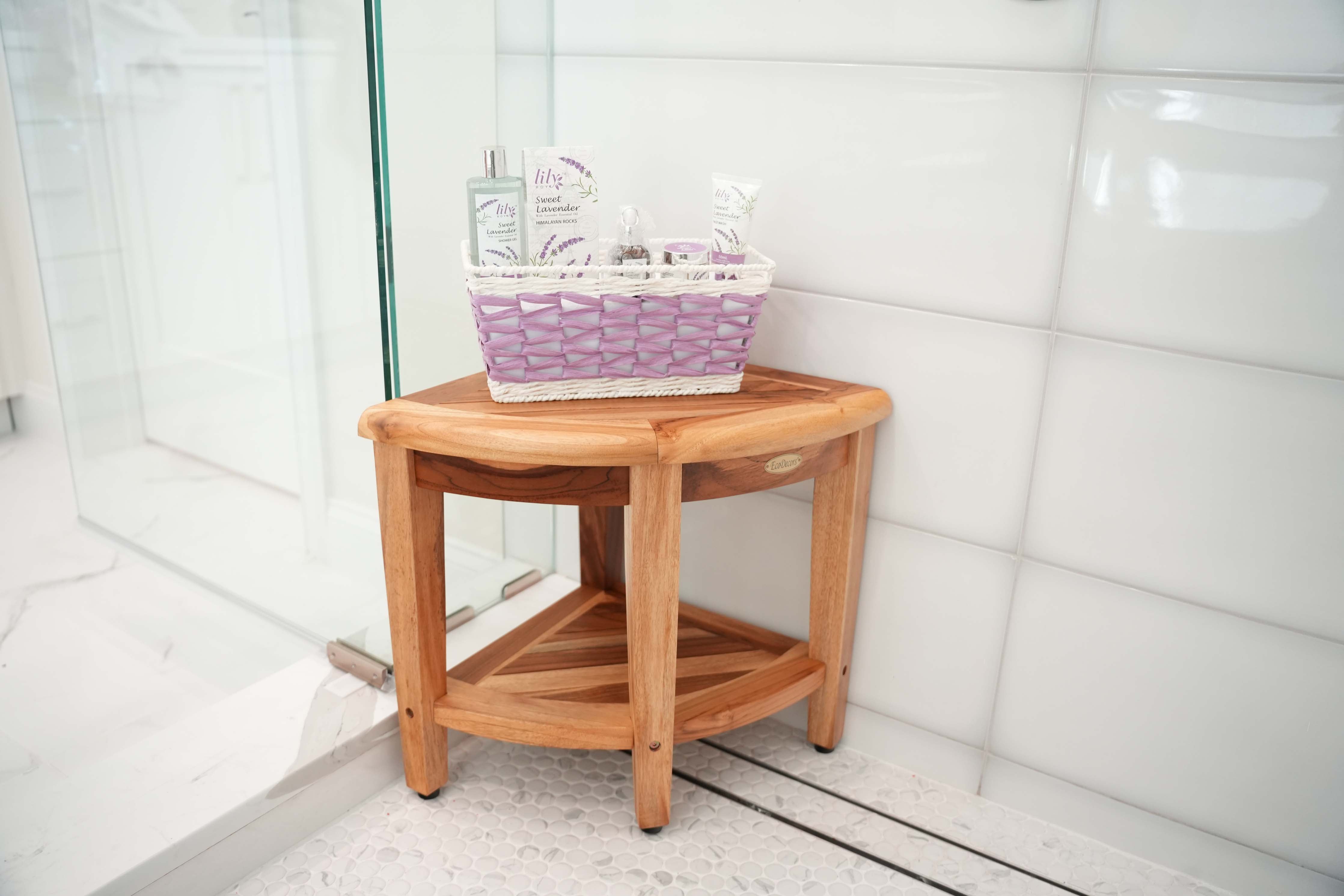 EcoDecors® SnazzyCorner® 18"H Teak Wood Corner Shower Bench with Shelf in EarthyTeak Finish