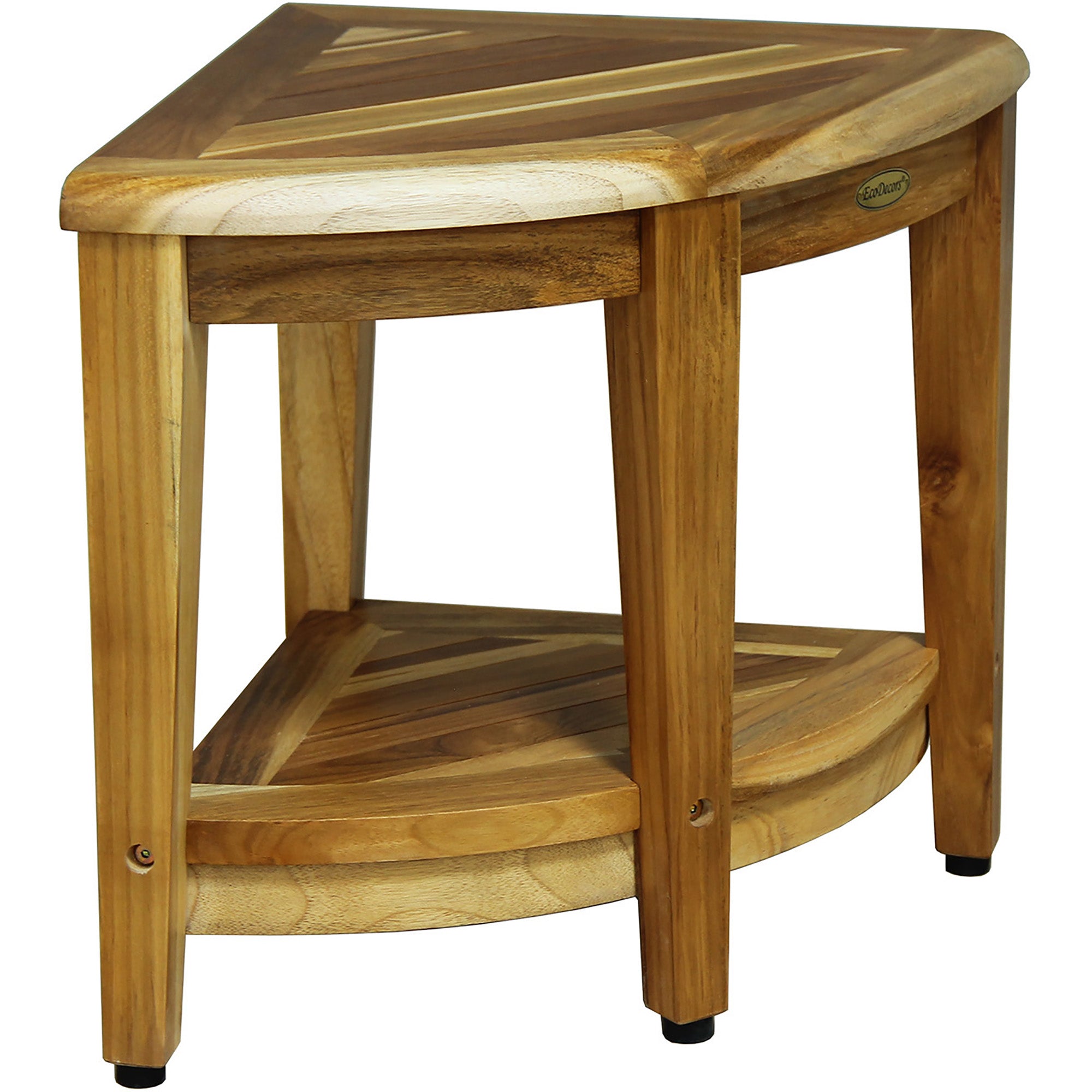 EcoDecors® SnazzyCorner® 18" H Wide Teak Wood Corner Shower Bench with Shelf in EarthyTeak Finish, Fully Assembled, 300LB Capacity