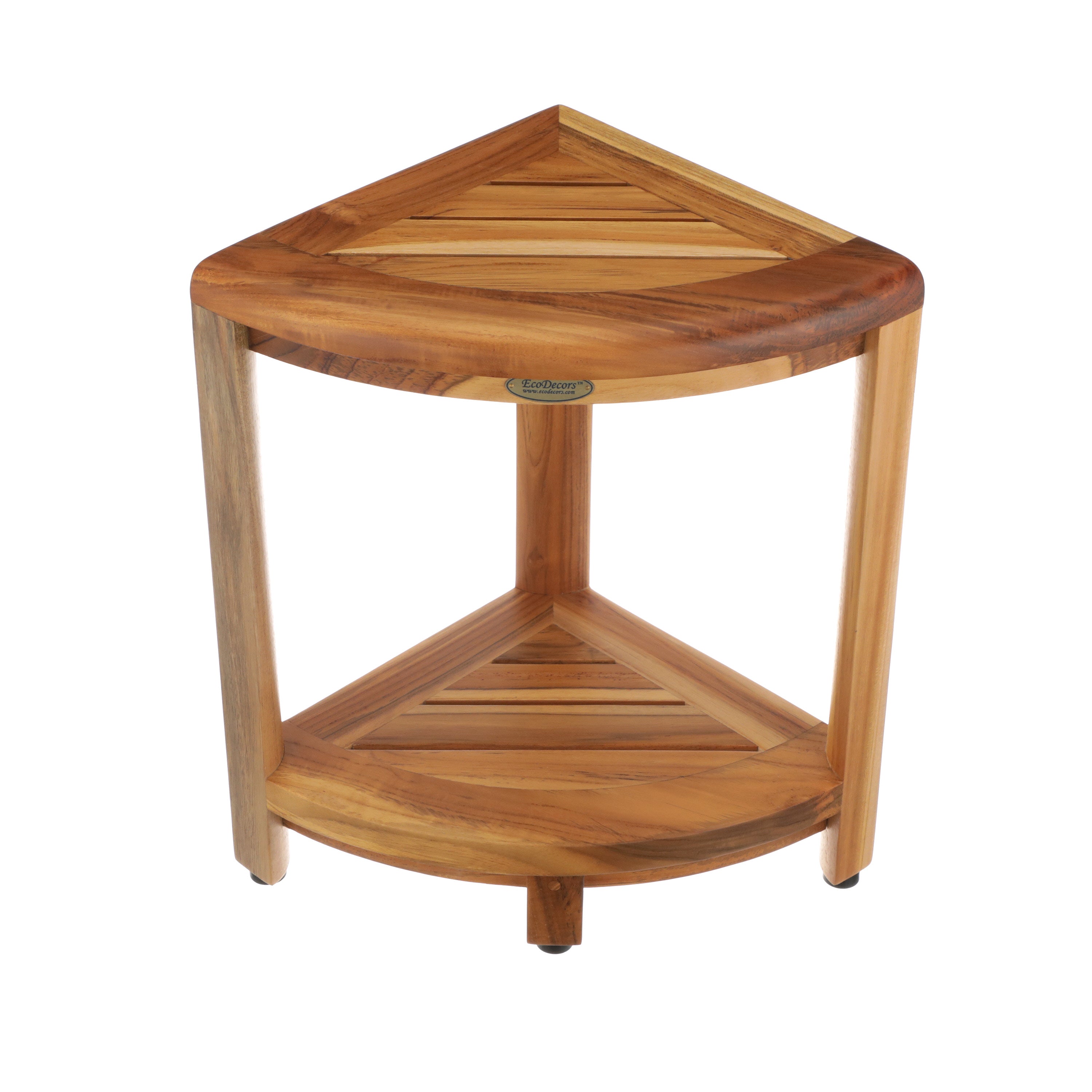 EcoDecors® SnazzyCorner® 18" Teak Wood Corner Shower Bench with Shelf in EarthyTeak Finish, Fully Assembled, Corner Seat for Bathroom & Outdoor Use