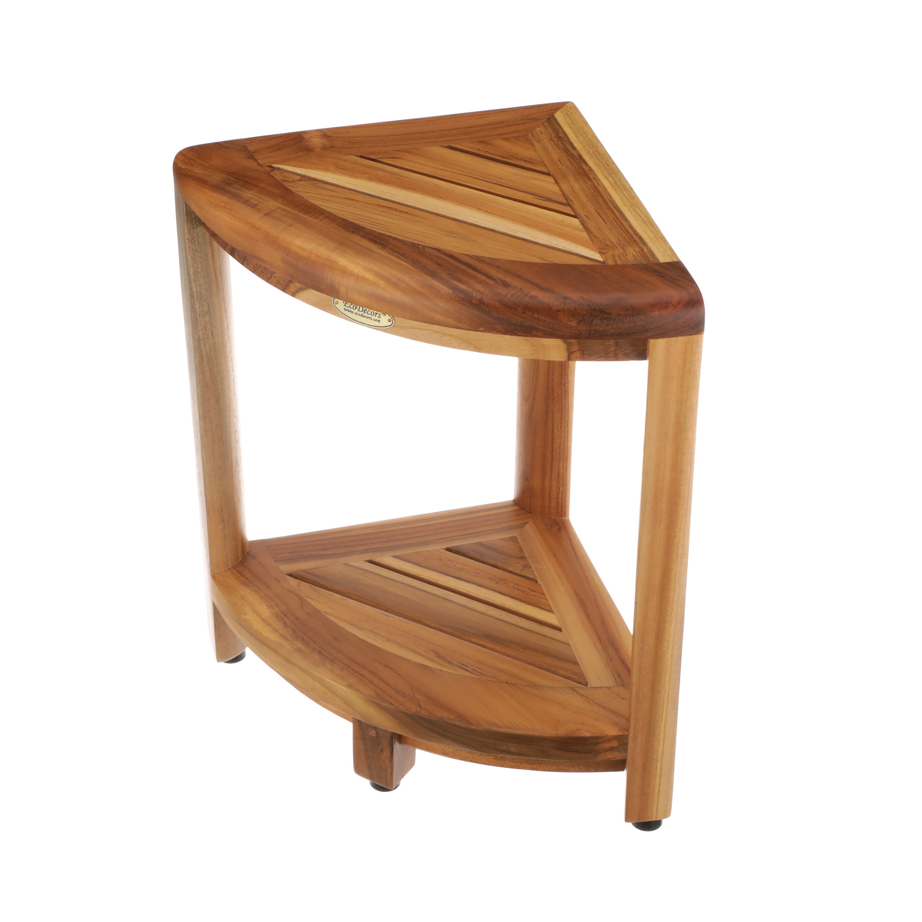 EcoDecors® SnazzyCorner® 18" Teak Wood Corner Shower Bench with Shelf in EarthyTeak Finish, Fully Assembled, Corner Seat for Bathroom & Outdoor Use
