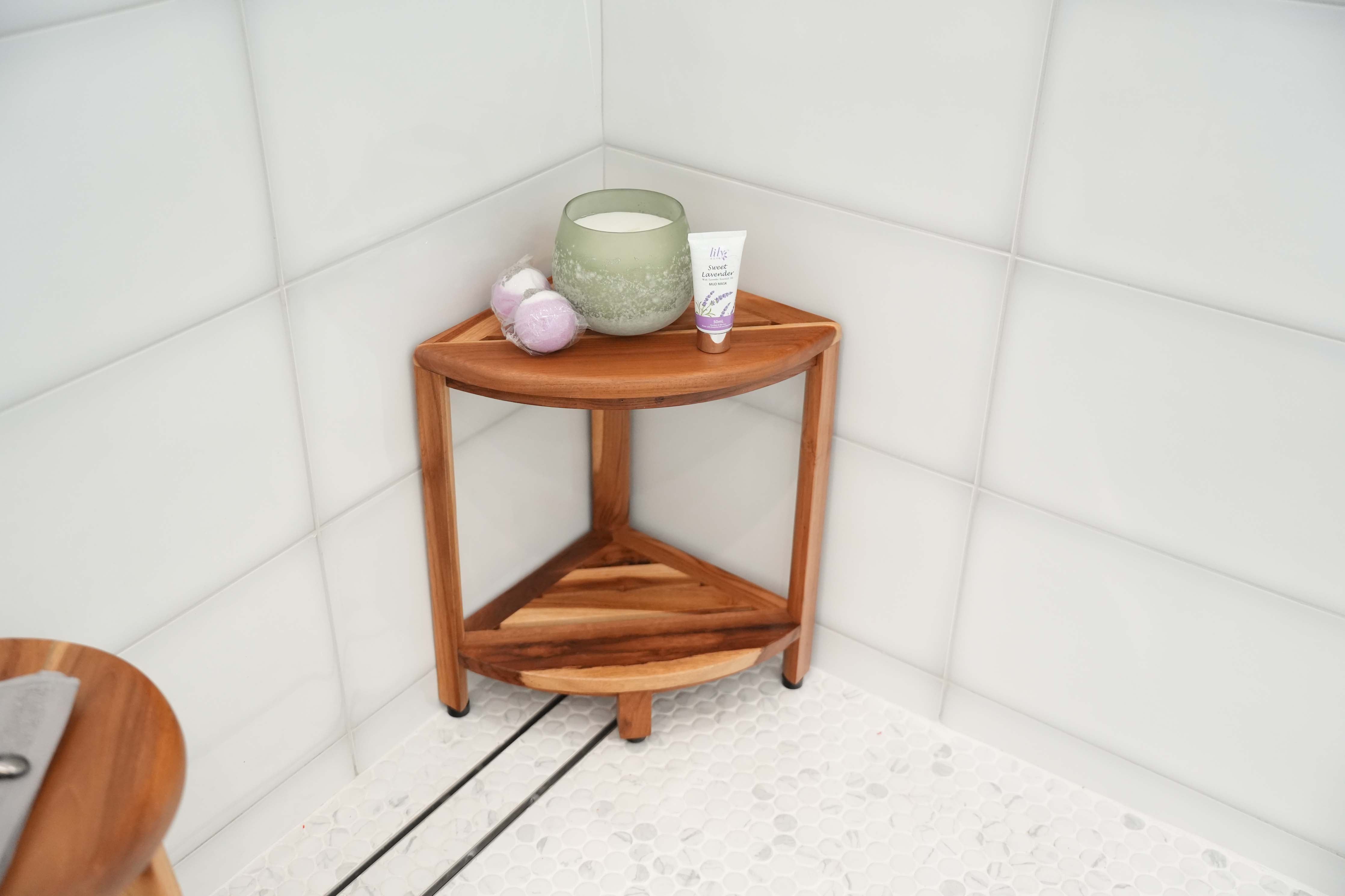 EcoDecors® SnazzyCorner® 18" Teak Wood Corner Shower Bench with Shelf in EarthyTeak Finish, Fully Assembled, Corner Seat for Bathroom & Outdoor Use