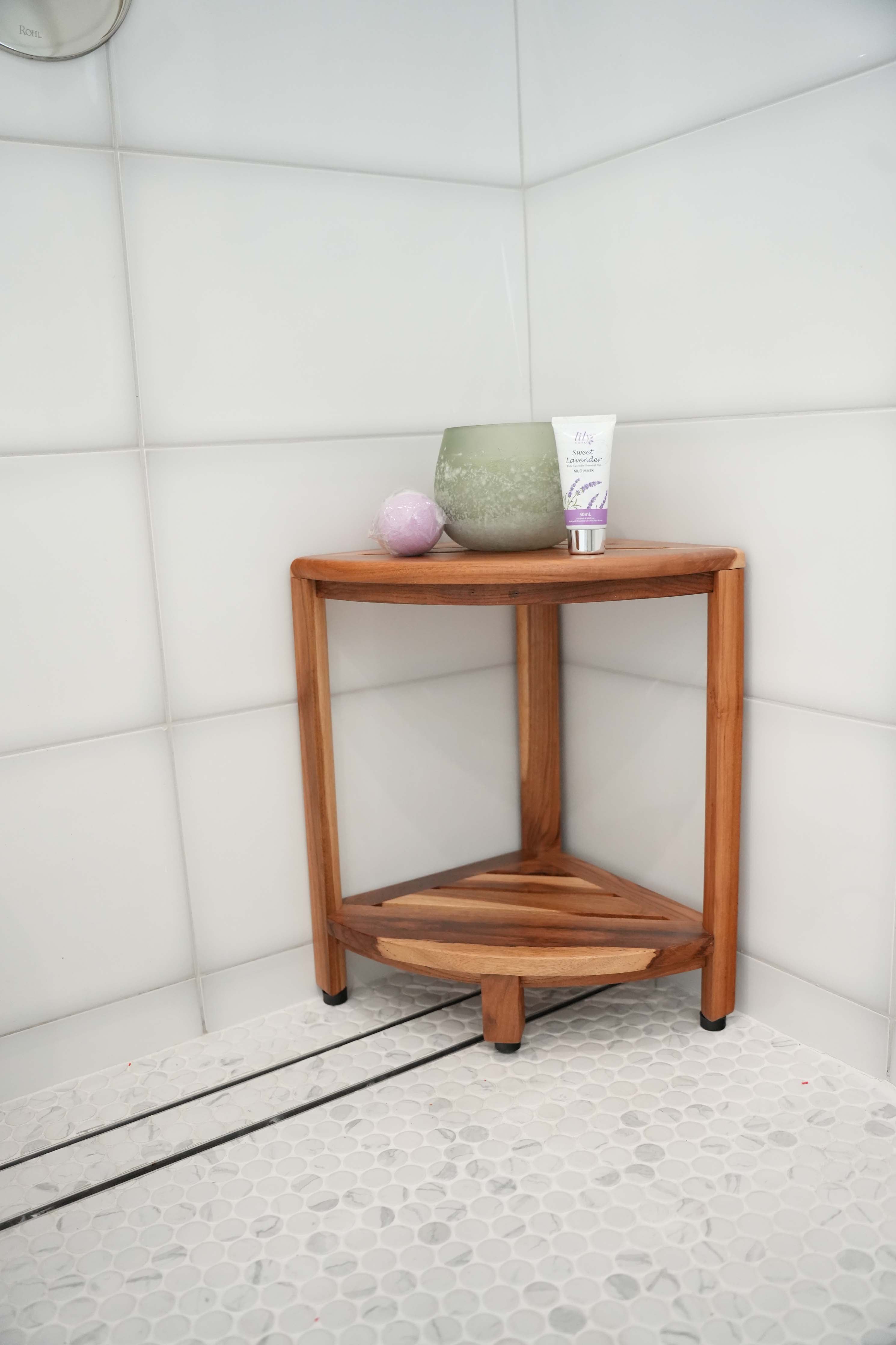 EcoDecors® SnazzyCorner® 18" Teak Wood Corner Shower Bench with Shelf in EarthyTeak Finish, Fully Assembled, Corner Seat for Bathroom & Outdoor Use