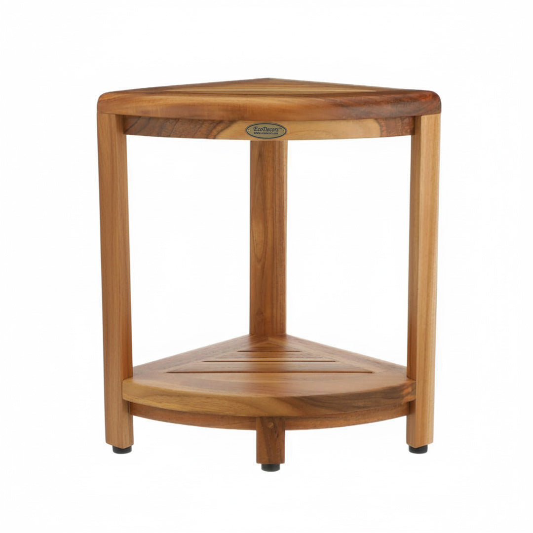 OPEN BOX, FULLY ASSEMBLED EcoDecors® SnazzyCorner® 18" Teak Wood Corner Shower Shelf in EarthyTeak Finish, Fully Assembled, Corner Seat for Bathroom & Outdoor Use