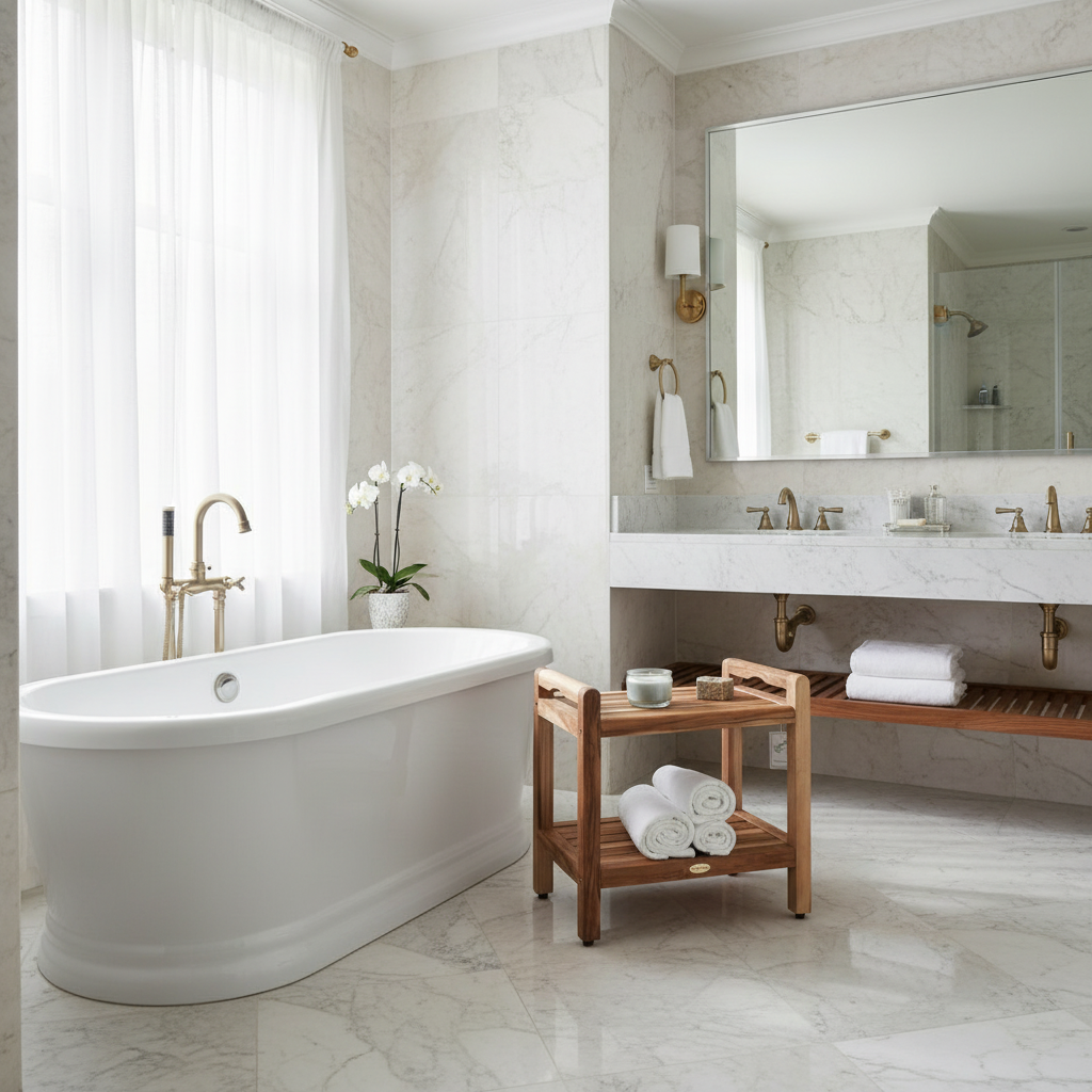 EcoDecors® Eleganto® 20" Teak Wood Shower Bench with LiftAide® Arms and Shelf in EarthyTeak Finish