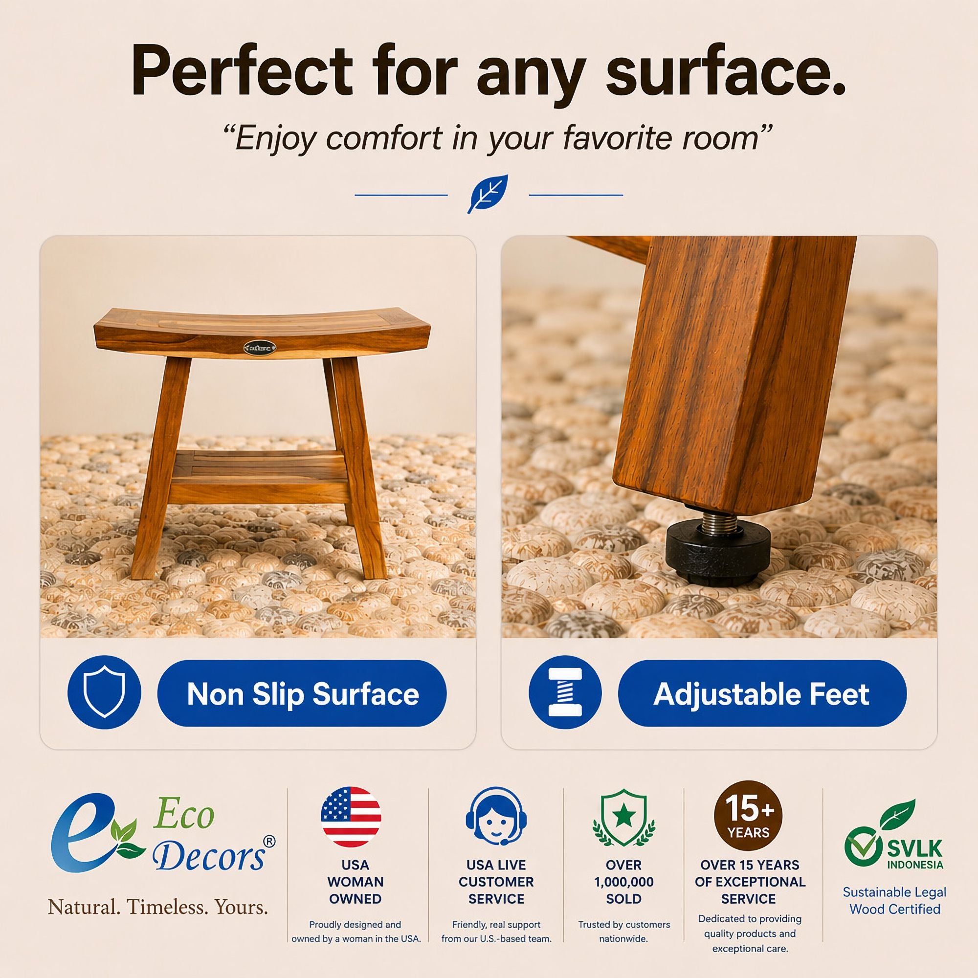 EcoDecors Teak Shower Bench 21" – Waterproof Shower Seat for Inside Shower, Bathroom Bench with Storage Shelf, Non-Slip Adjustable Feet, Solid Teak Wood Shower Stool