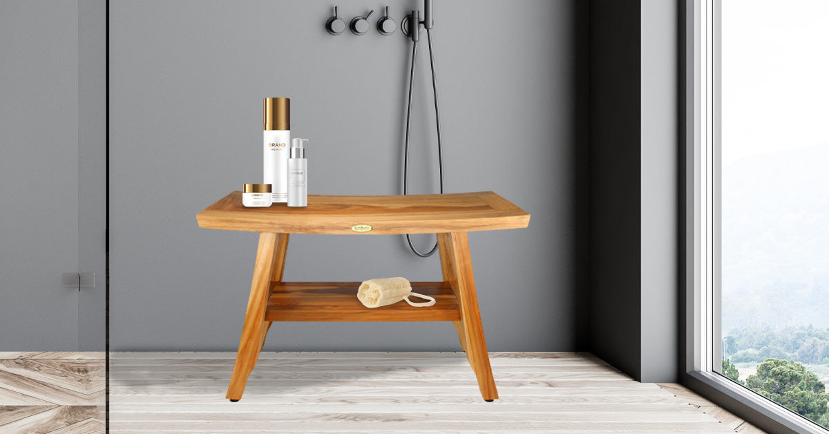 EcoDecors® Satori® 28" Teak Wood Shower Bench with Shelf in EarthyTeak Finish