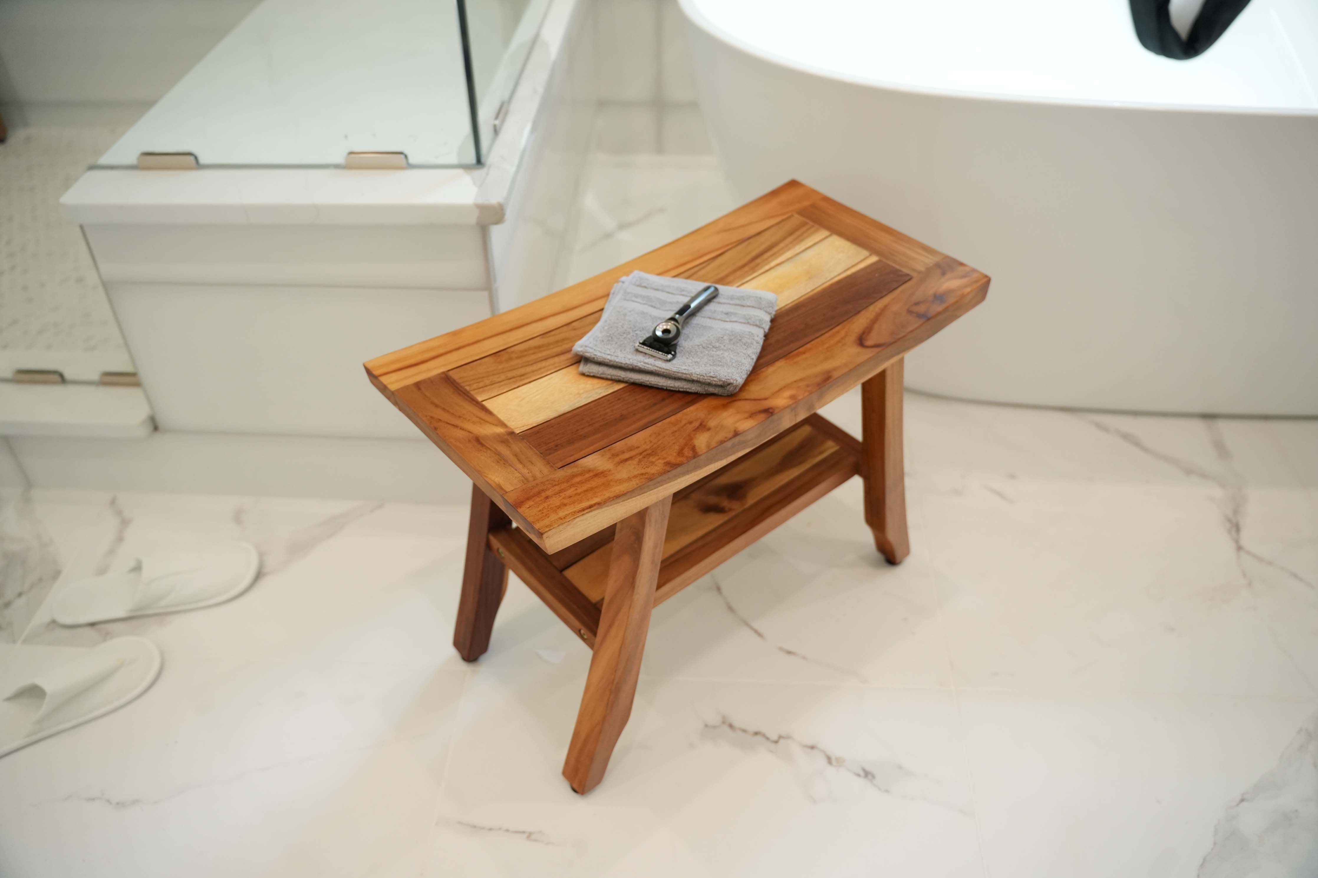 EcoDecors® Satori® 24" Teak Wood Shower Bench with Shelf in EarthyTeak Finish