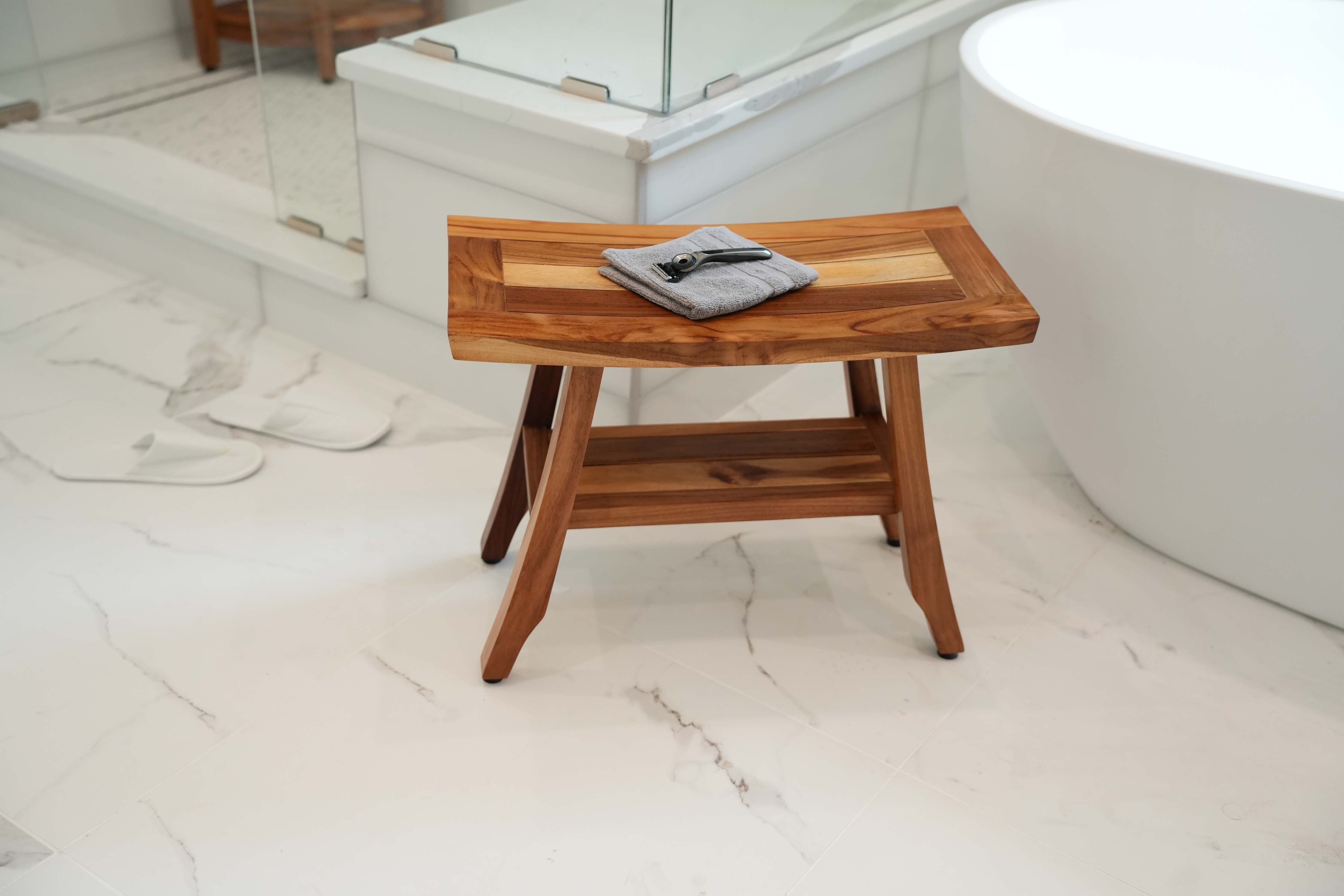 EcoDecors® Satori® 24" Teak Wood Shower Bench with Shelf in EarthyTeak Finish