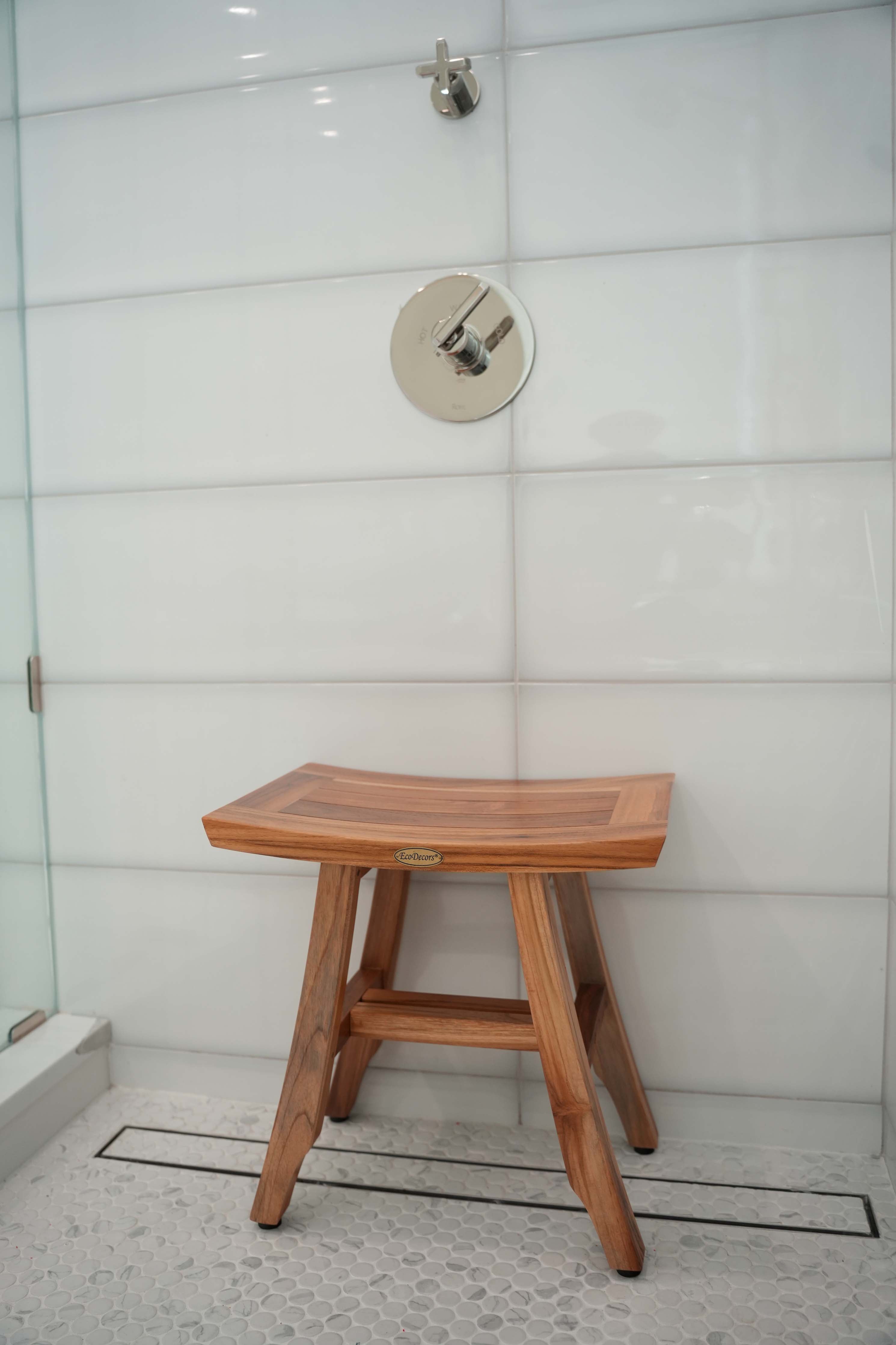 EcoDecors® Satori® 18" Teak Wood Shower Bench in EarthyTeak Finish, Fully Assembled, Compact Bath Seat for Indoor & Outdoor Use